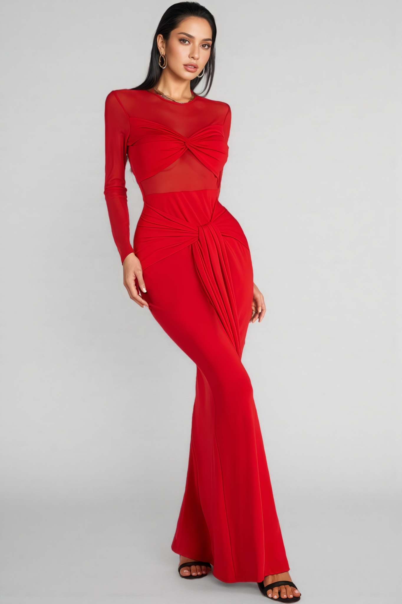 Ivrea Red Long Sleeve Tie Up Maxi Dress