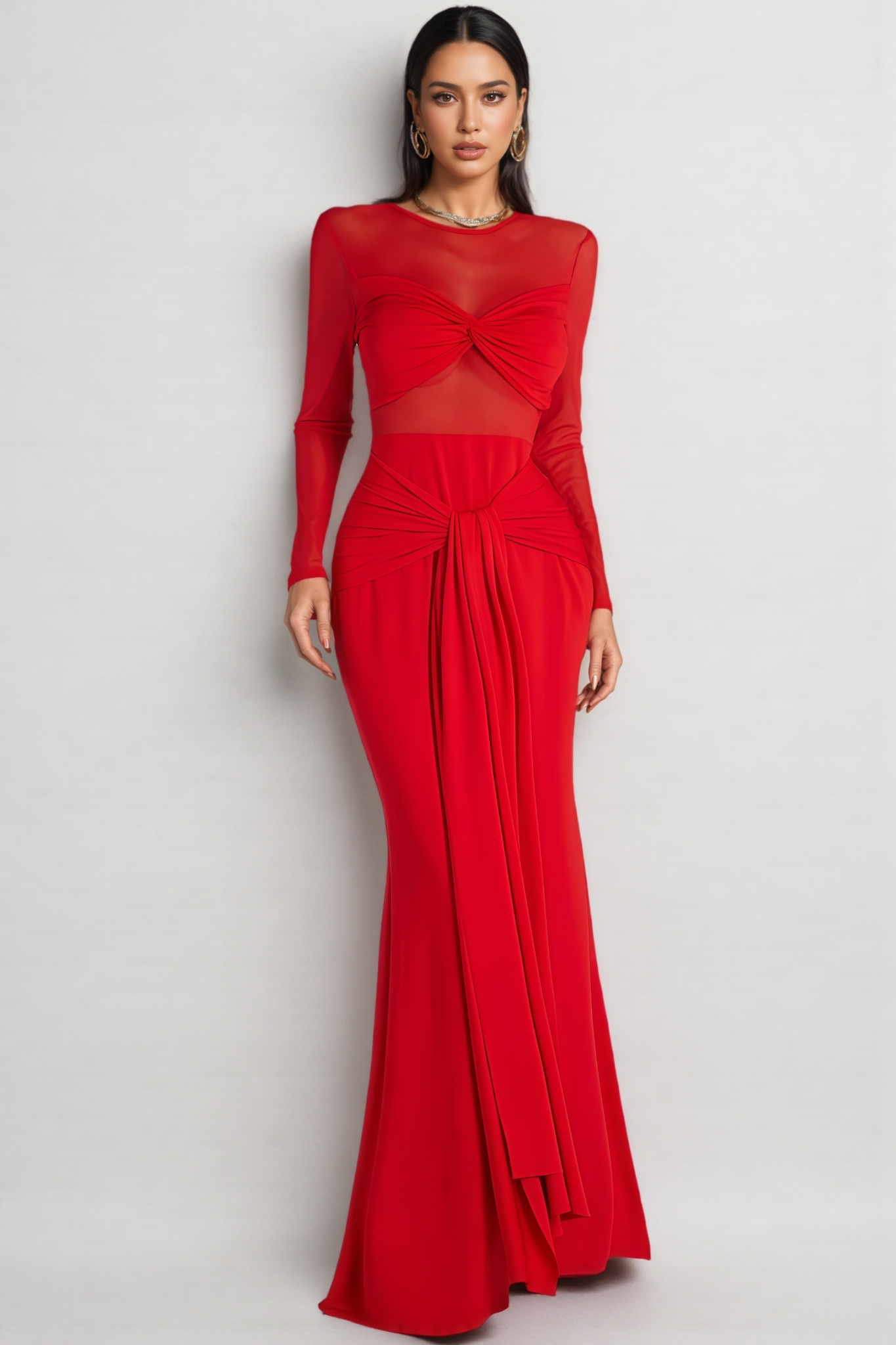 Ivrea Red Long Sleeve Tie Up Maxi Dress