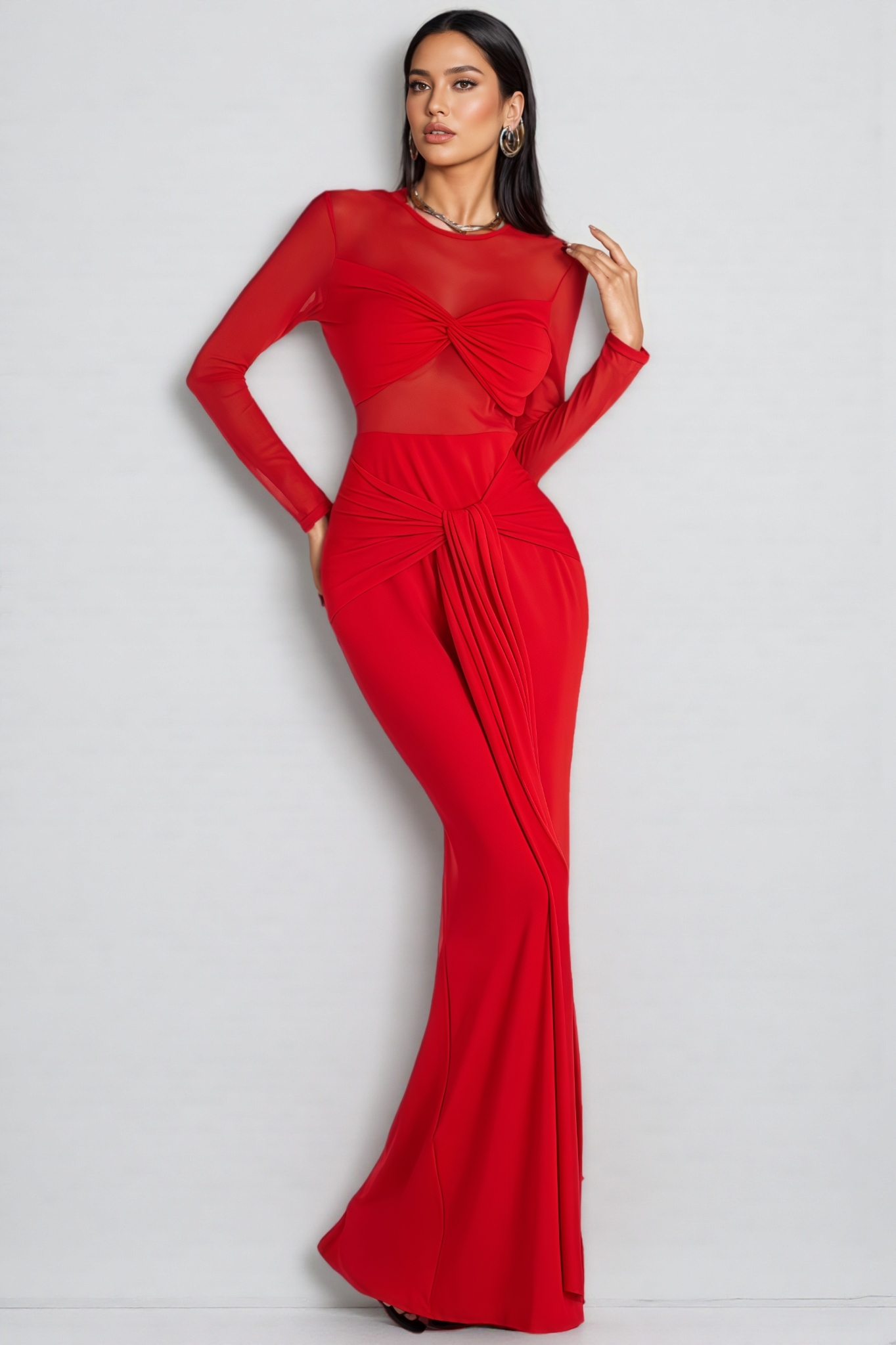 Ivrea Red Long Sleeve Tie Up Maxi Dress