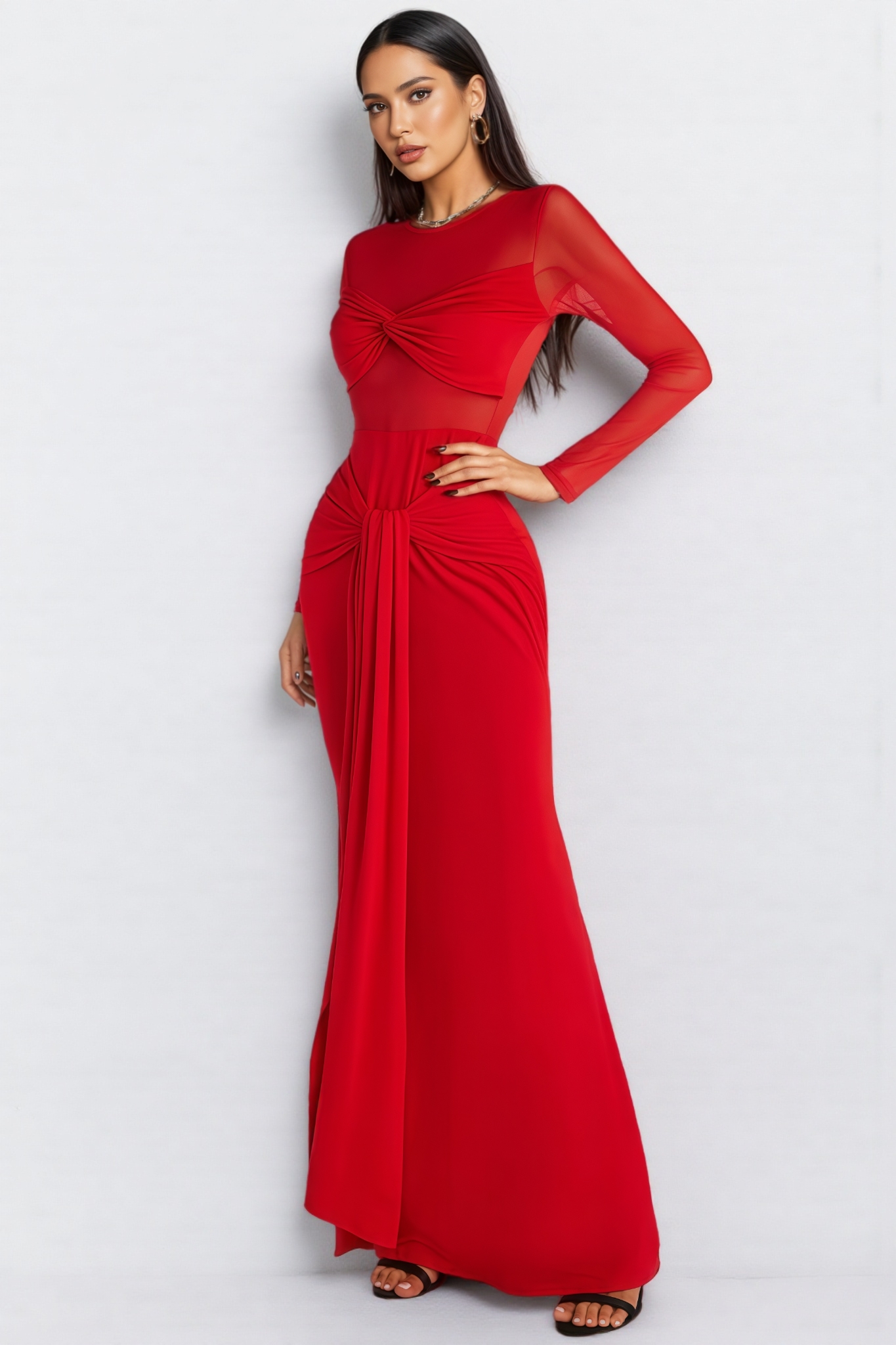 Ivrea Red Long Sleeve Tie Up Maxi Dress