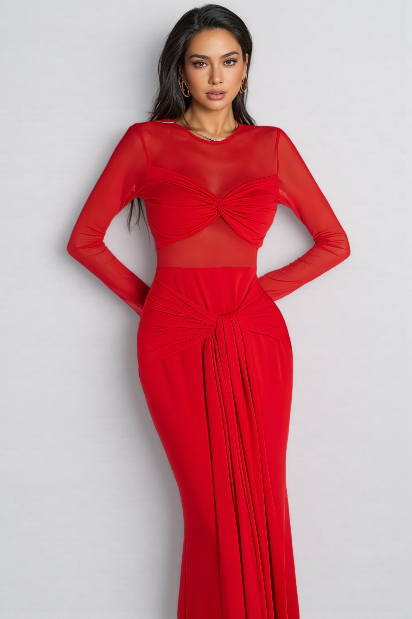 Ivrea Red Long Sleeve Tie Up Maxi Dress