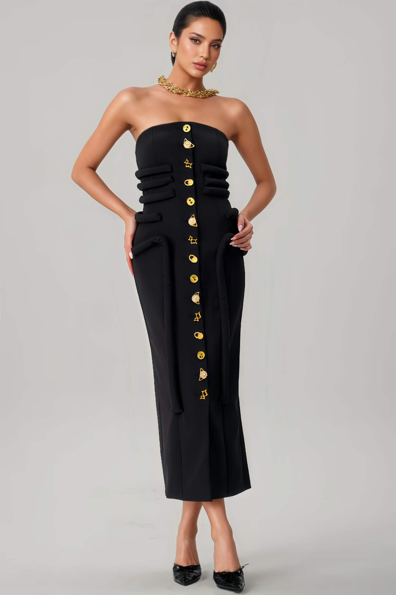 Sorrel Strapless Button Midi Dress