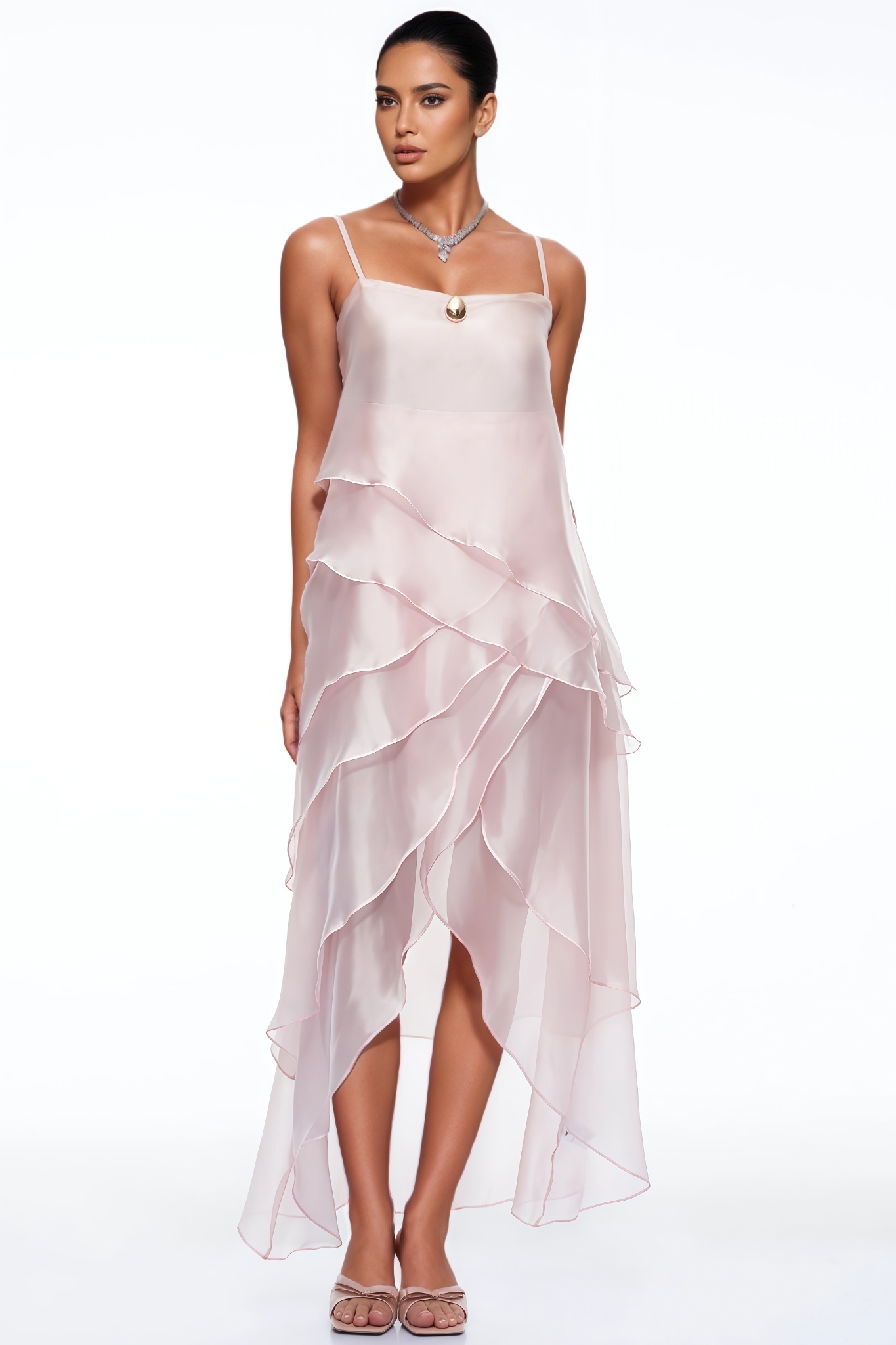 Saron Pink Halter Ruffled Maxi Dress