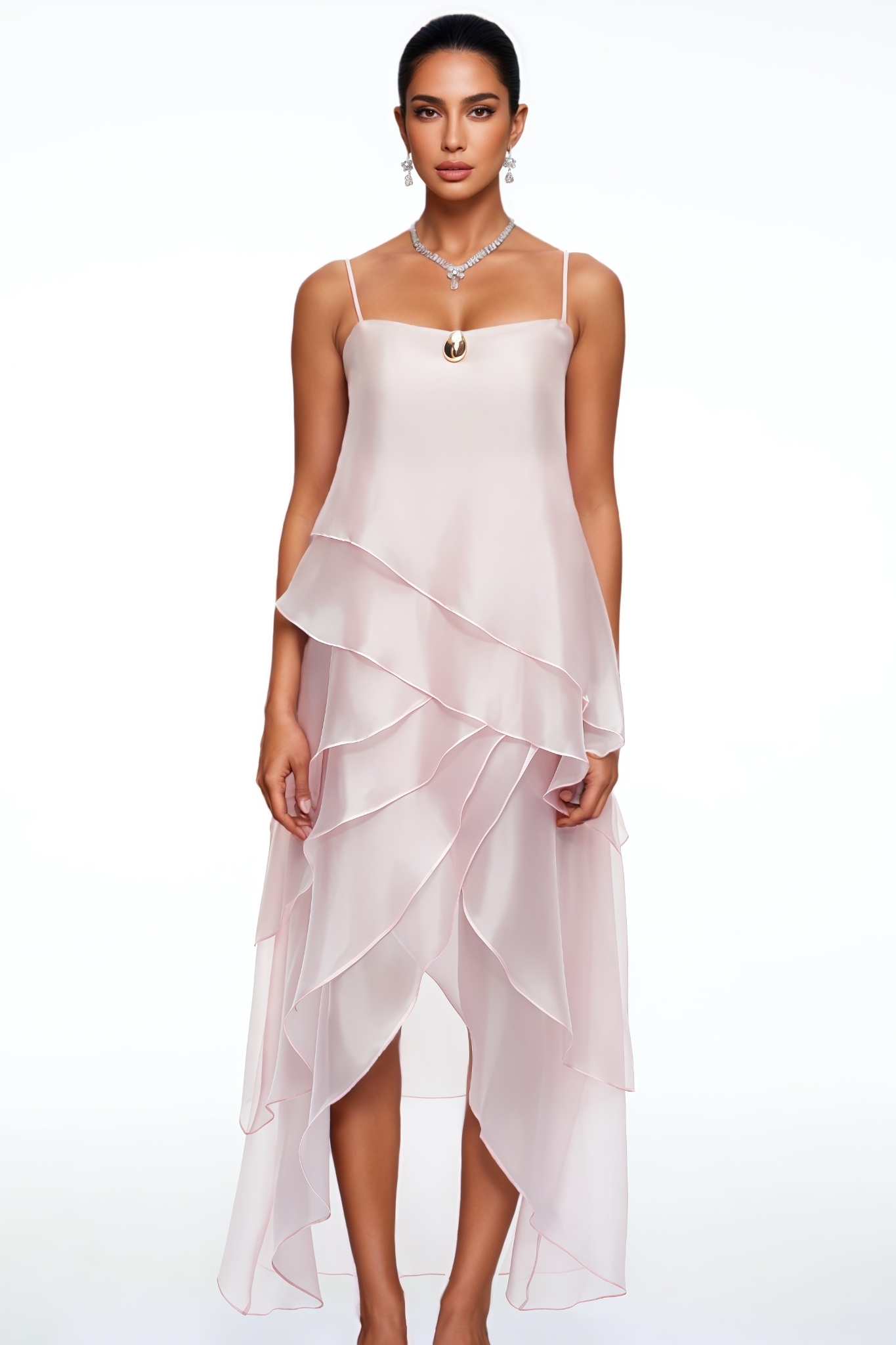 Saron Pink Halter Ruffled Maxi Dress