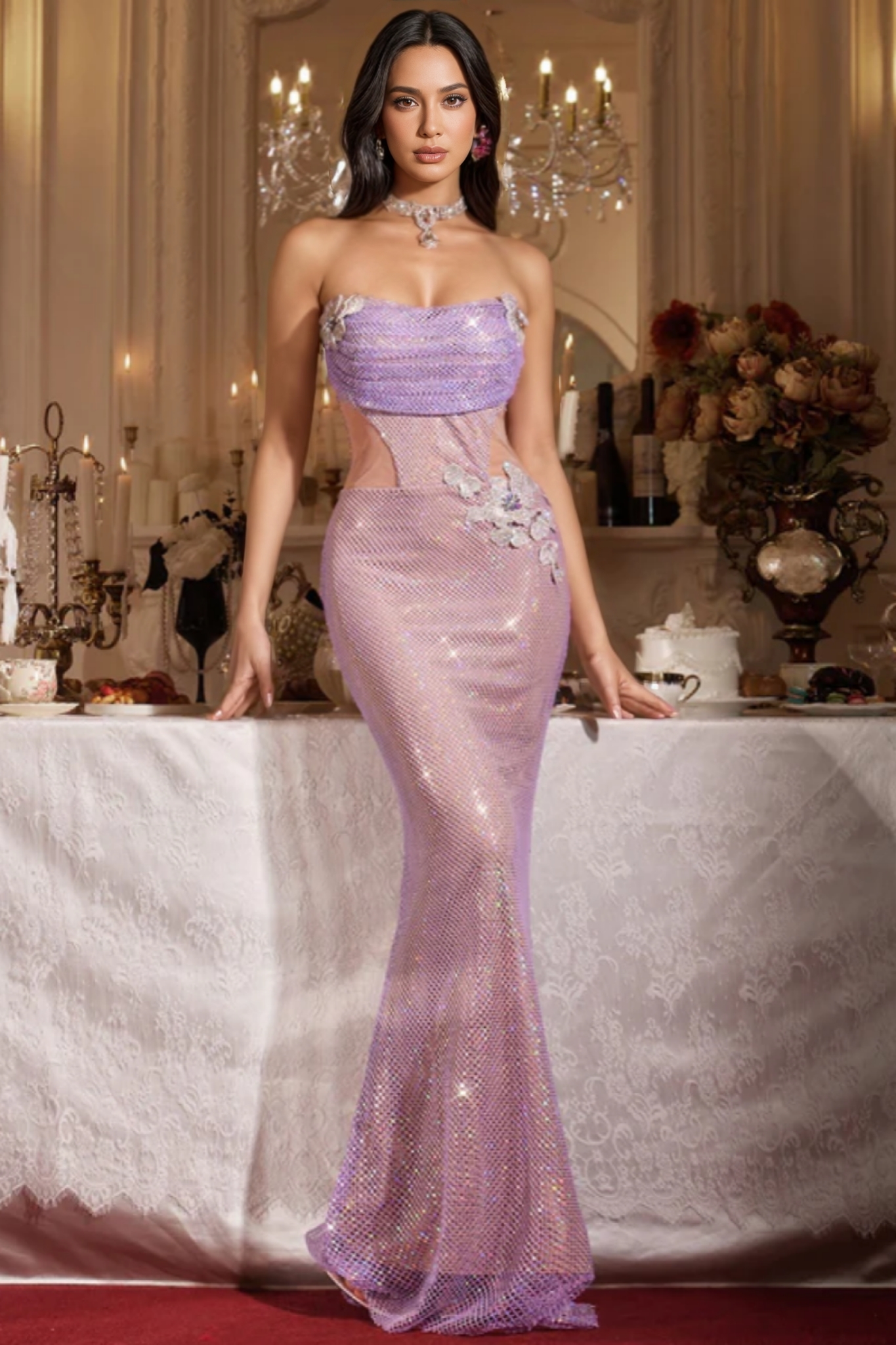 Jordanp Strapless Flower Rhinestone Mesh Maxi Dress