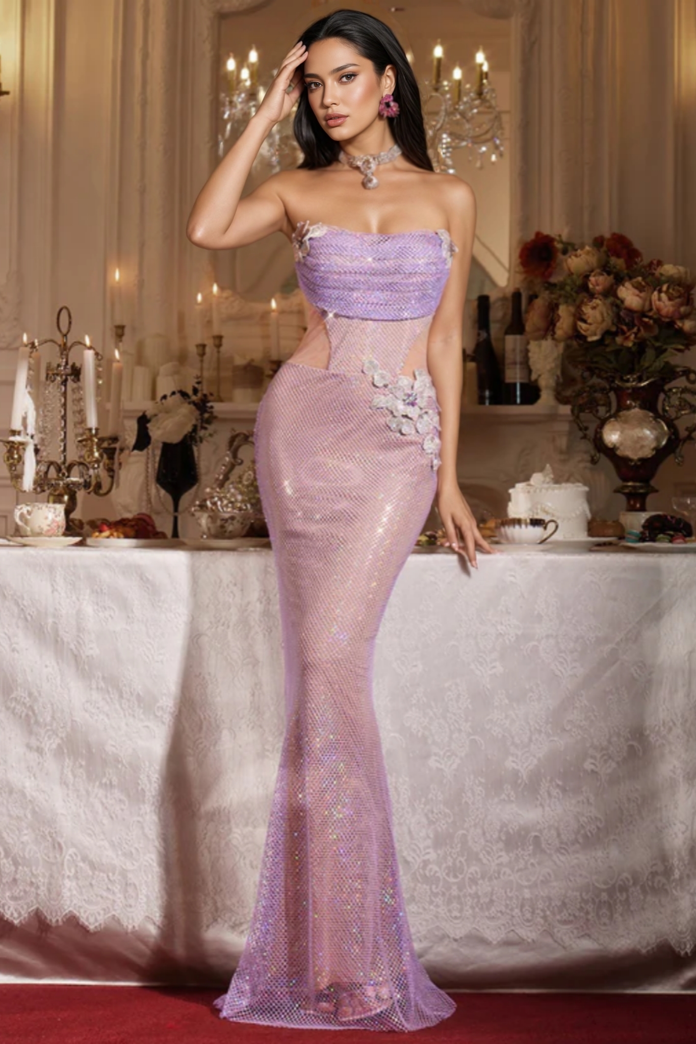 Jordanp Strapless Flower Rhinestone Mesh Maxi Dress