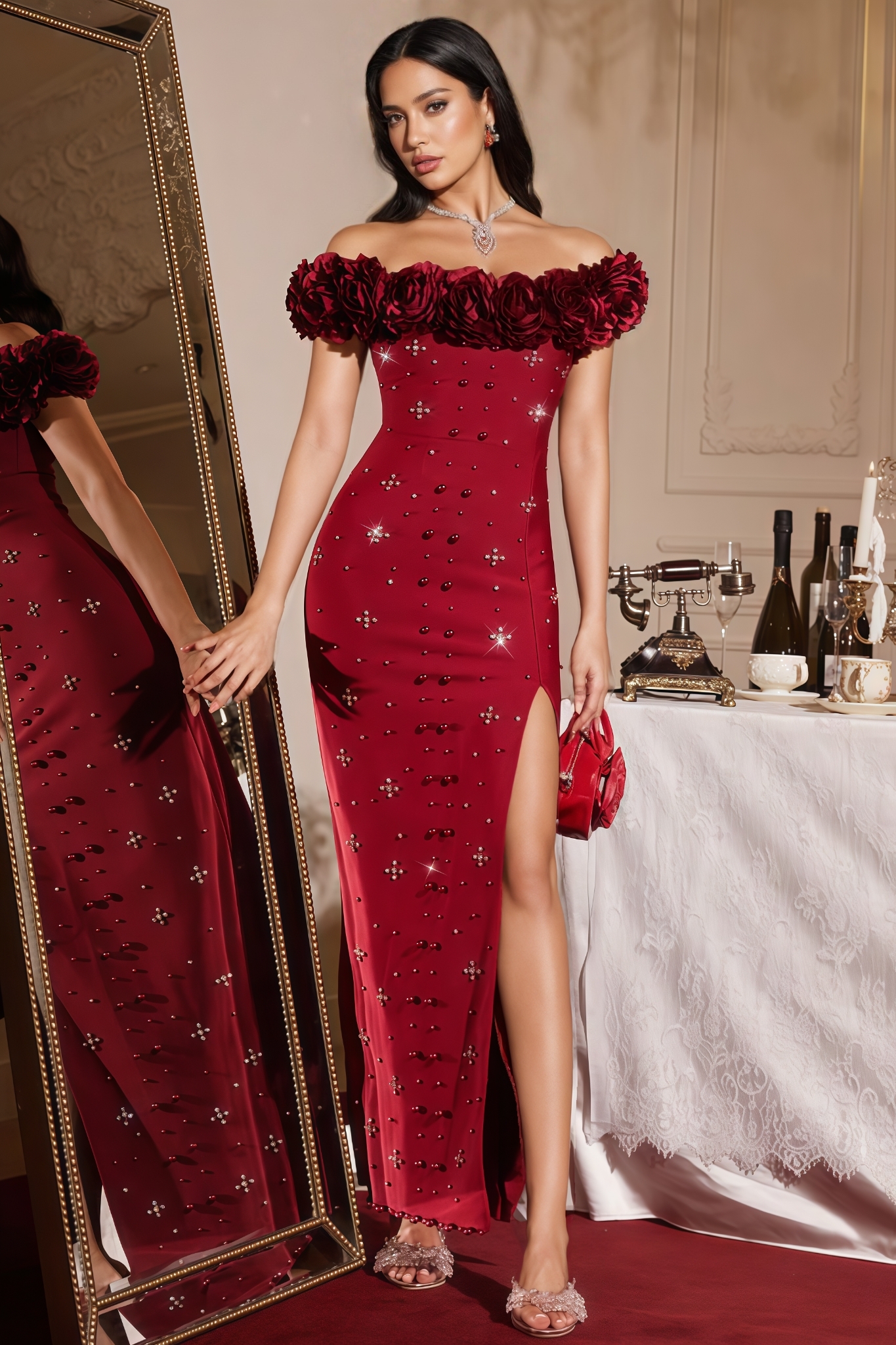 Grevd Off Shoulder Flower Bandage Maxi Dress