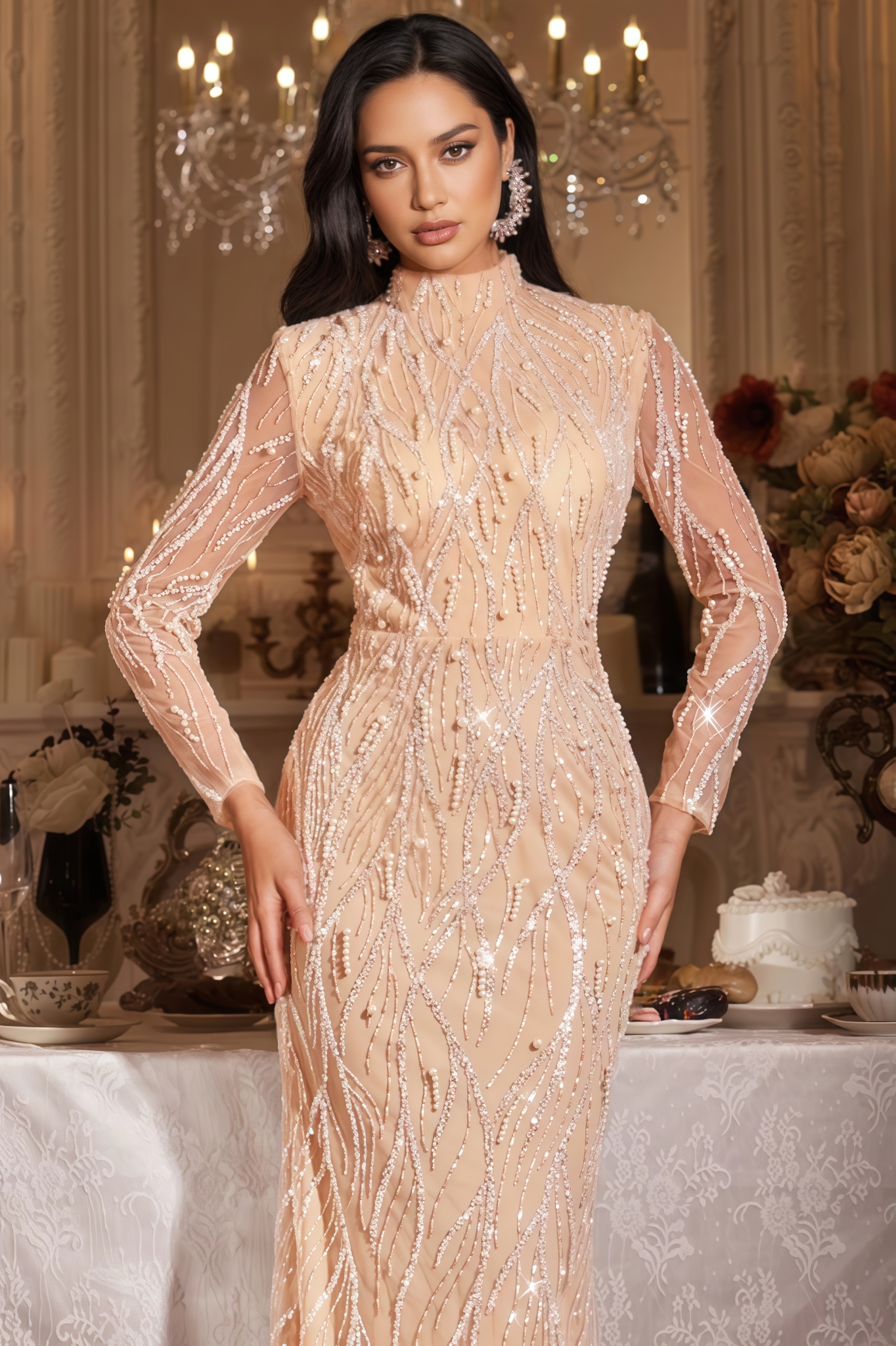 Madeline Long Sleeve Pearl Sequin Maxi Dress