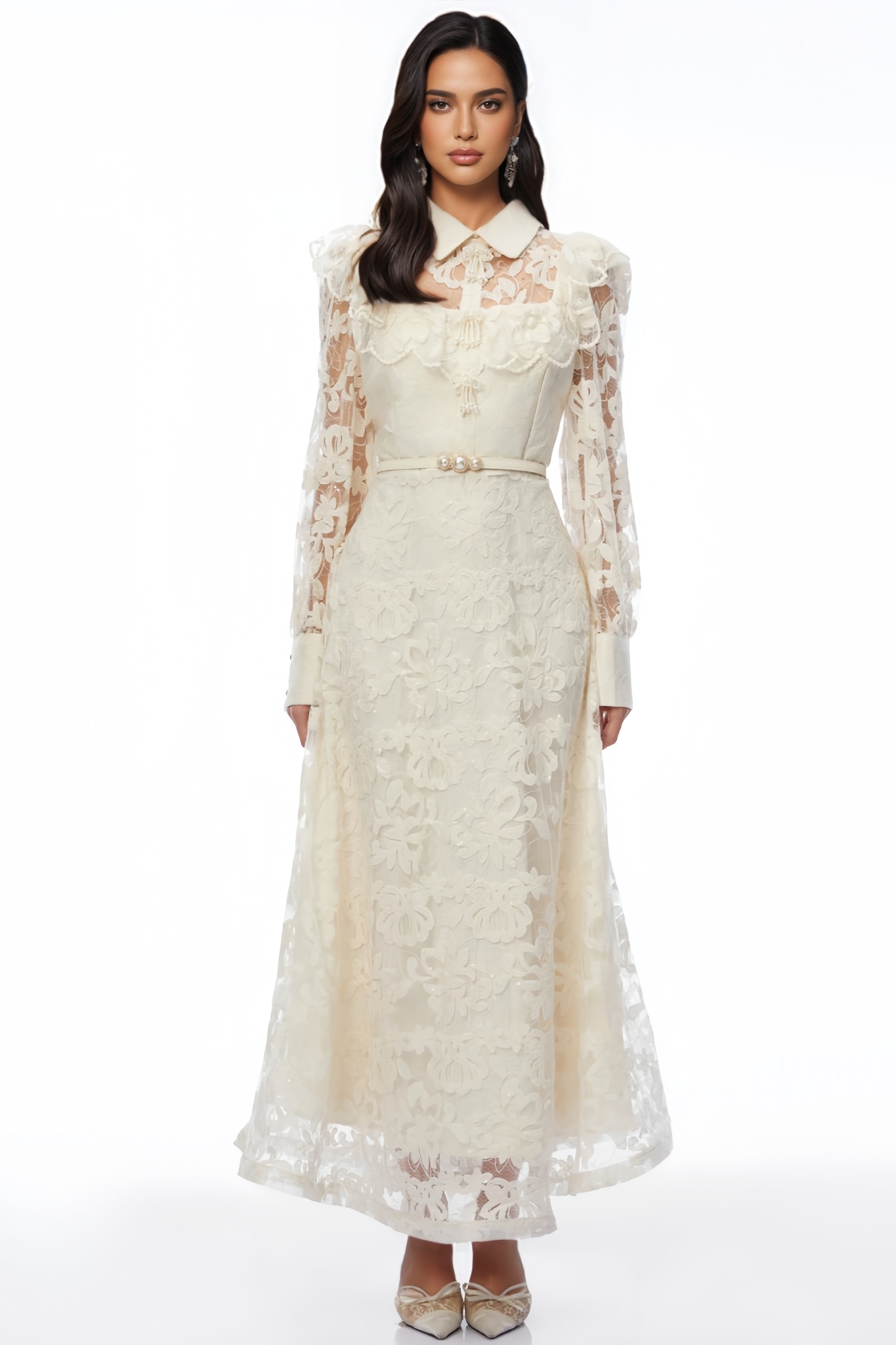 Uryal Beige Long Sleeve Lace Maxi Dress