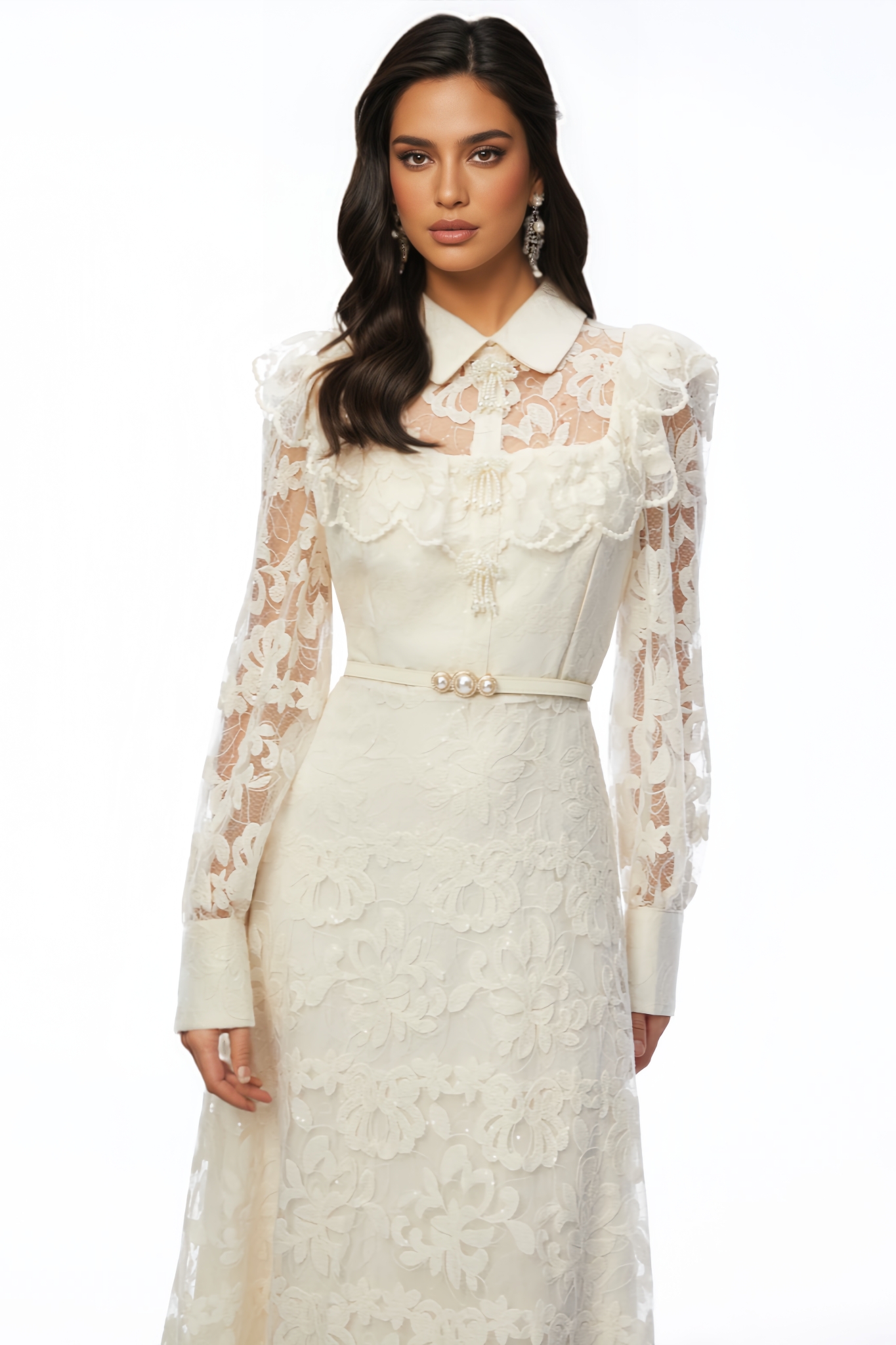 Uryal Beige Long Sleeve Lace Maxi Dress