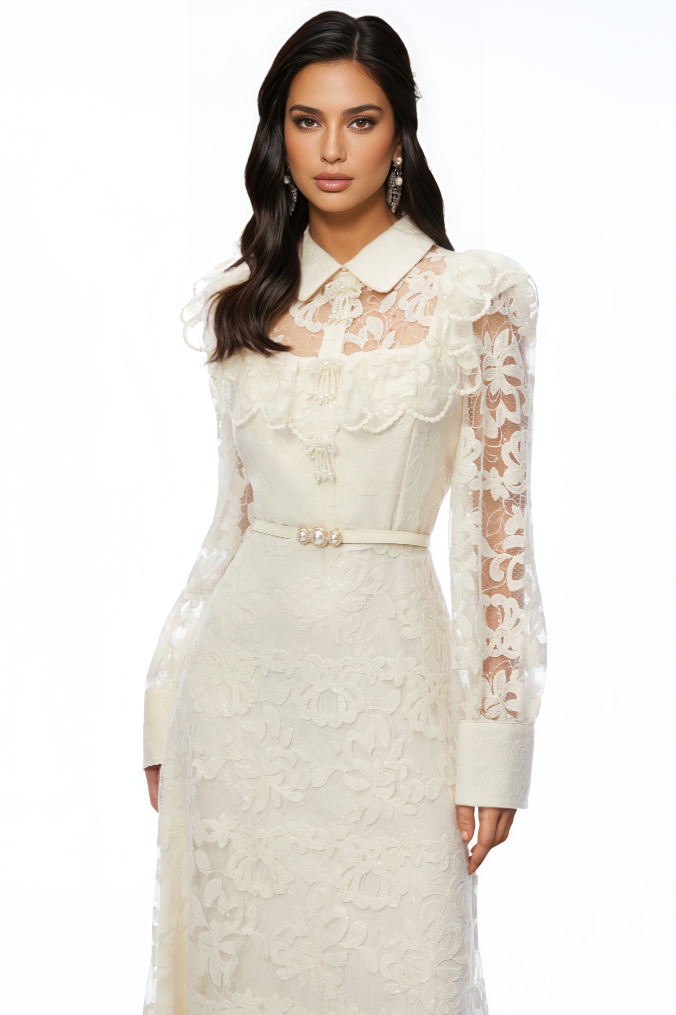 Uryal Beige Long Sleeve Lace Maxi Dress
