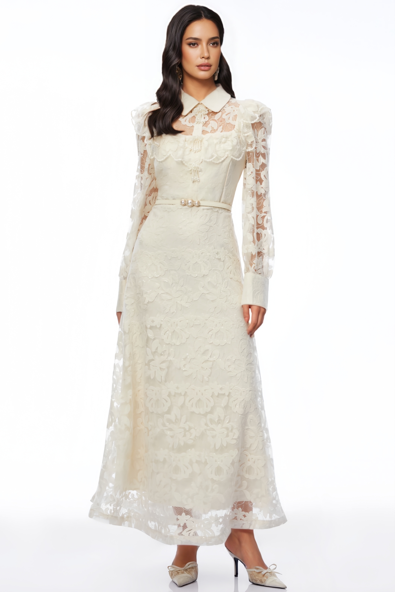 Uryal Beige Long Sleeve Lace Maxi Dress