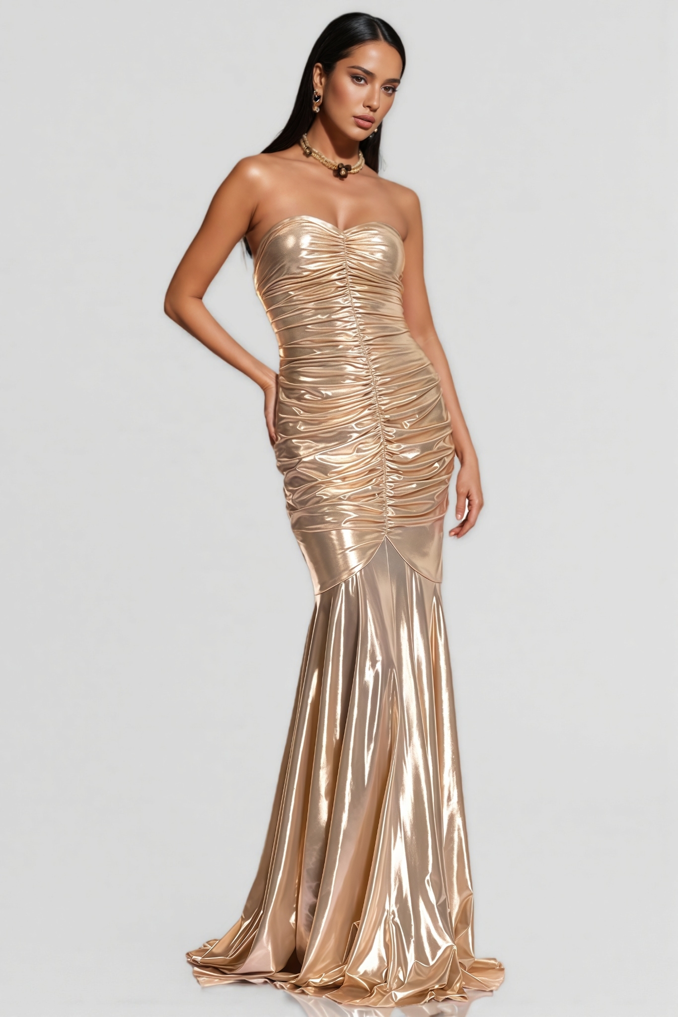 Isace Gold Strapless Ruched Maxi Dress
