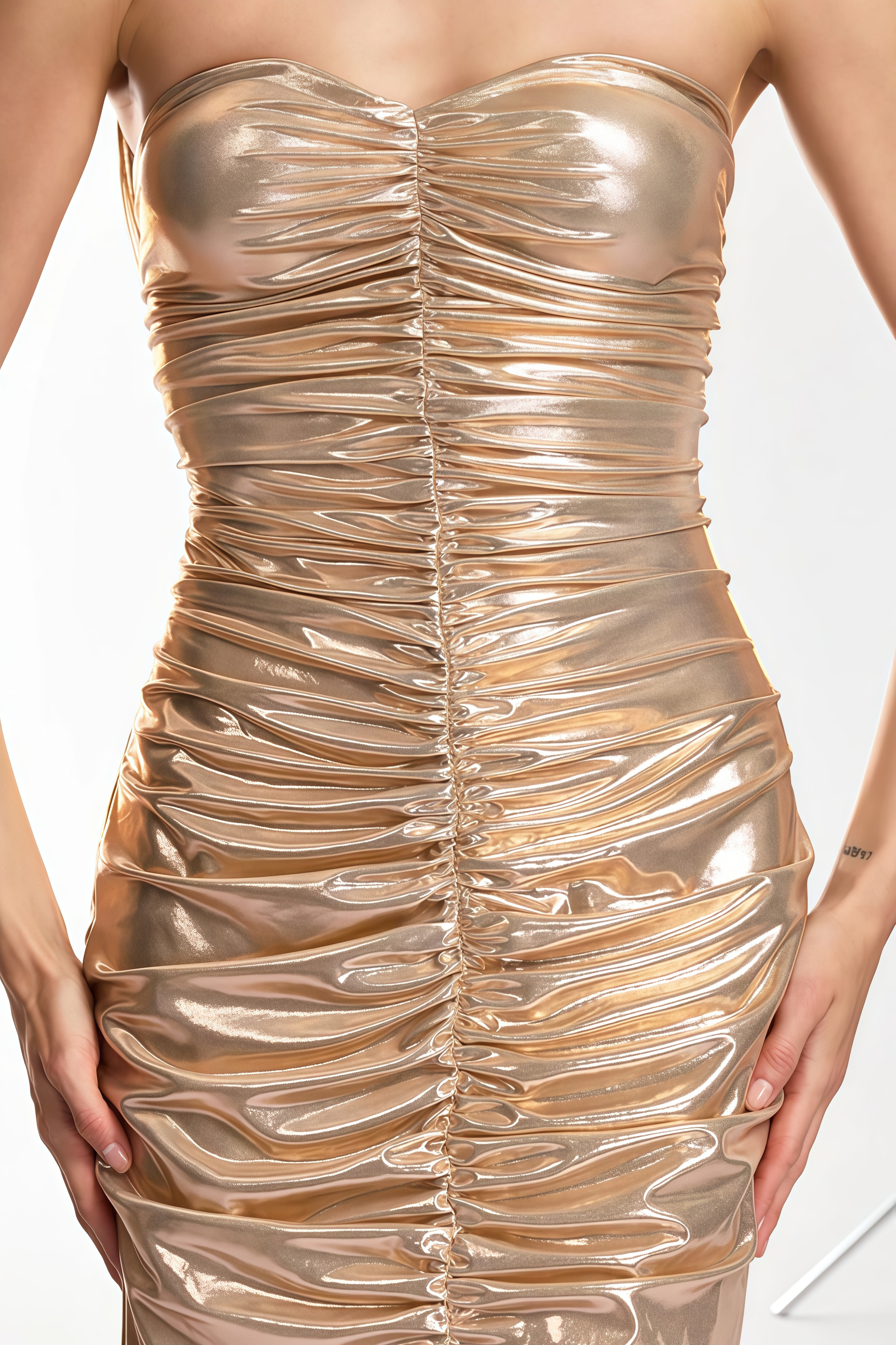 Isace Gold Strapless Ruched Maxi Dress