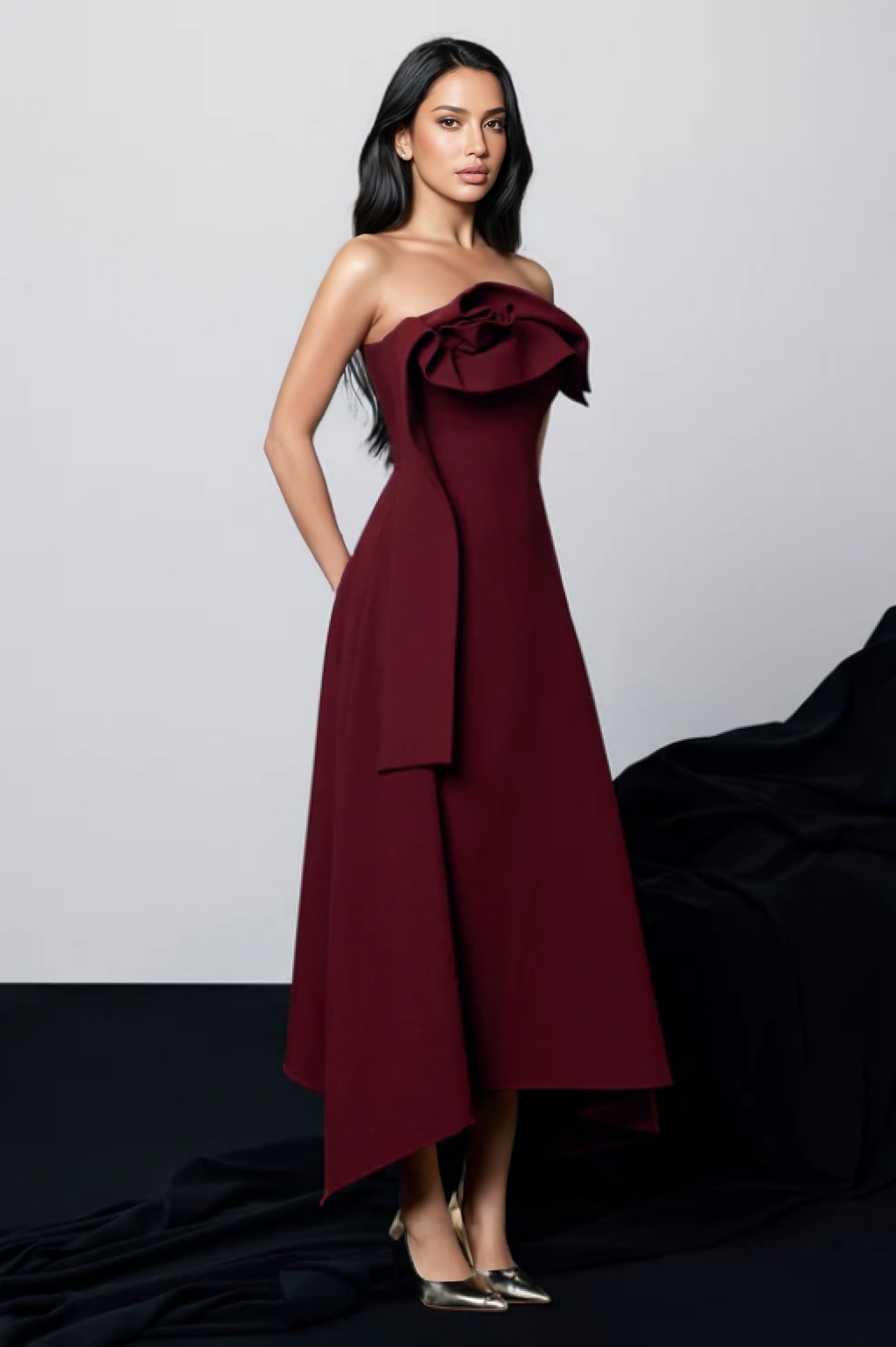 Anguel Red Ruffle Midi Dress