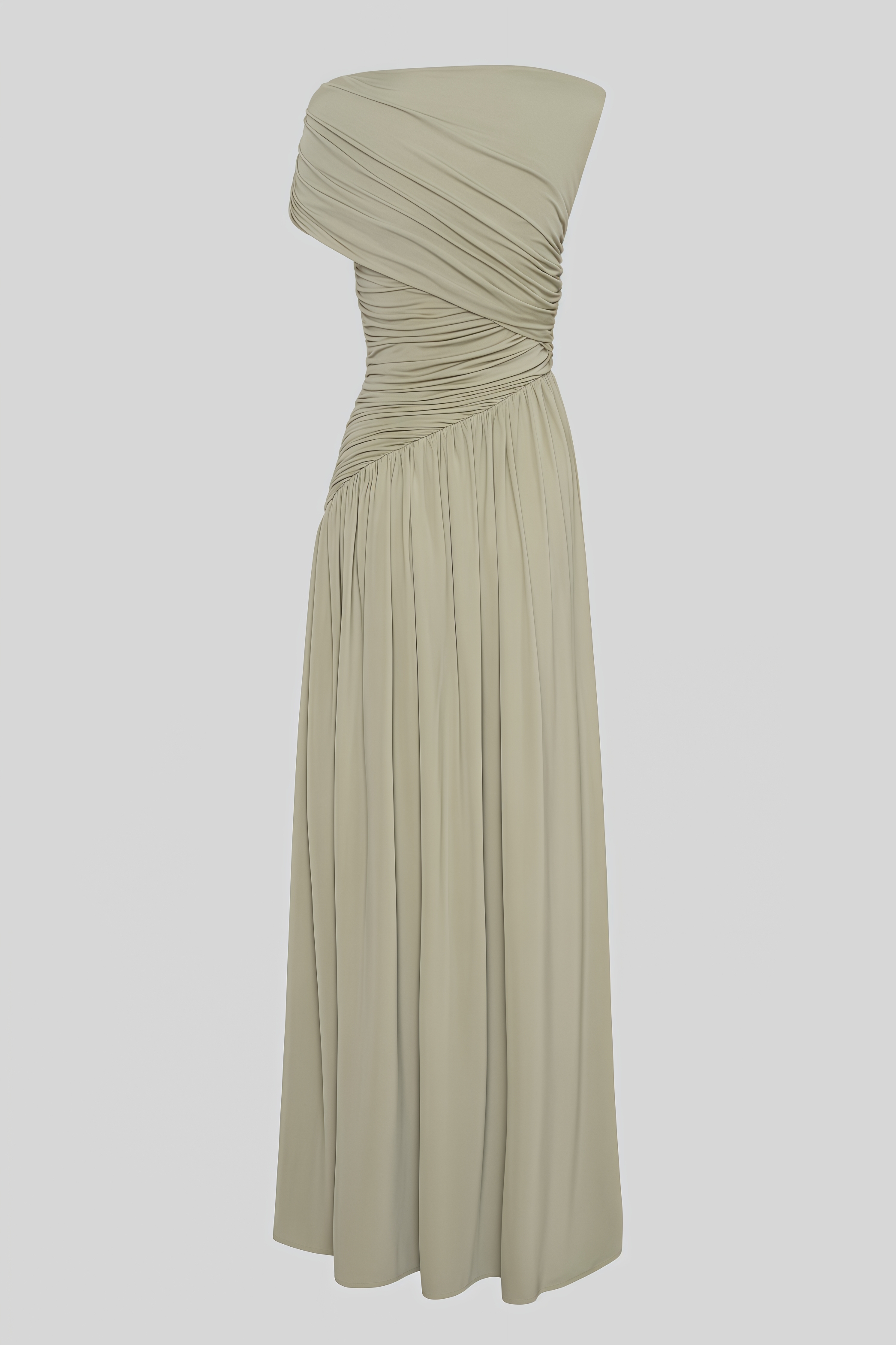 Qrael Green Asymmetric Draped Maxi Dress