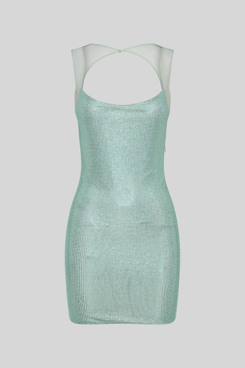 Gabriel Green Mesh Rhinestone Mini Dress