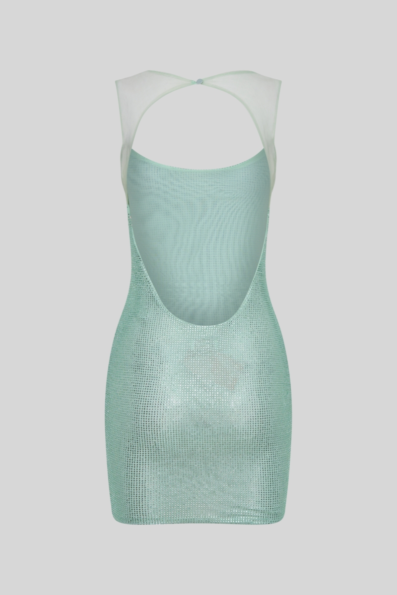 Gabriel Green Mesh Rhinestone Mini Dress