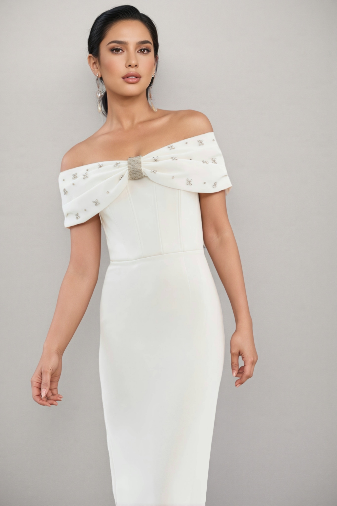 Zivaf White Beaded Rhinestone Midi Dress