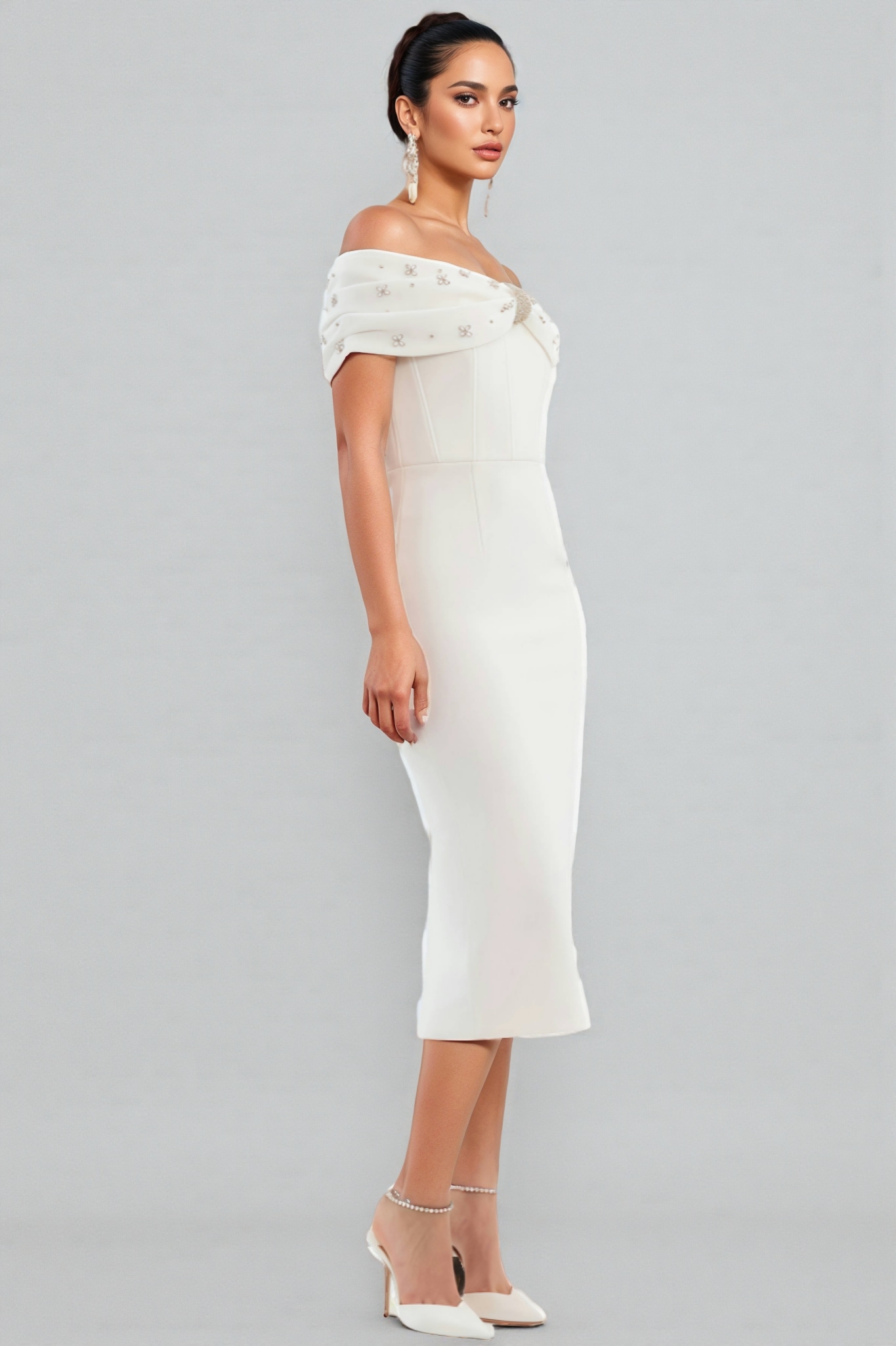 Zivaf White Beaded Rhinestone Midi Dress