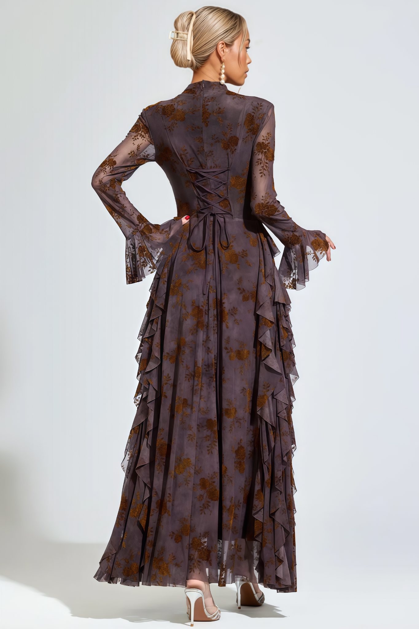 Ryvon Brown Long Sleeve Floral Maxi Dress