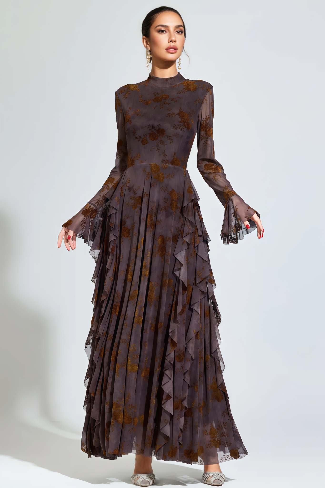 Ryvon Brown Long Sleeve Floral Maxi Dress