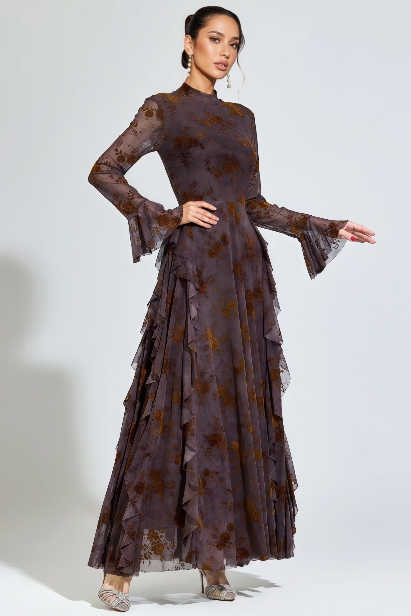 Ryvon Brown Long Sleeve Floral Maxi Dress