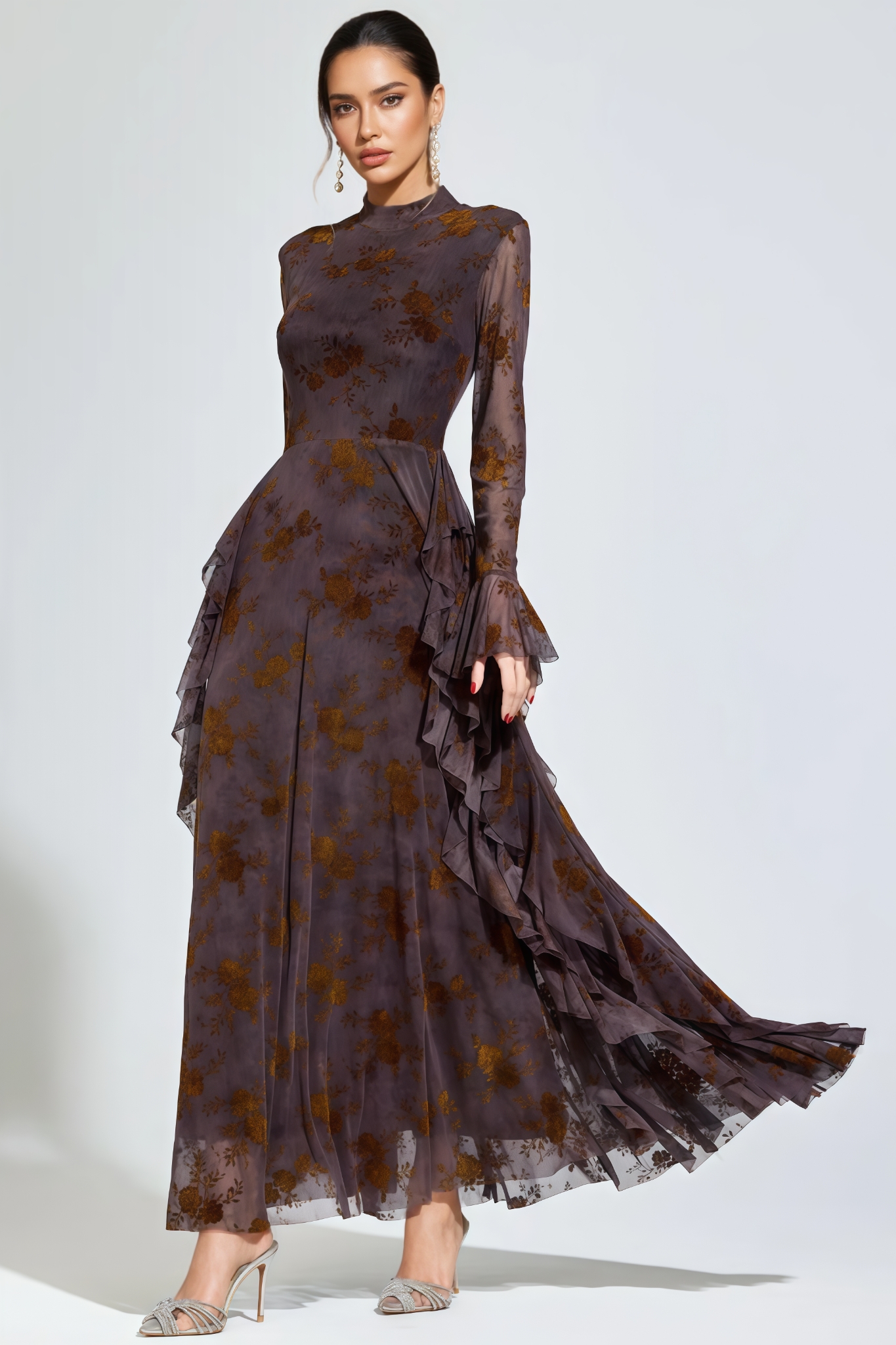 Ryvon Brown Long Sleeve Floral Maxi Dress