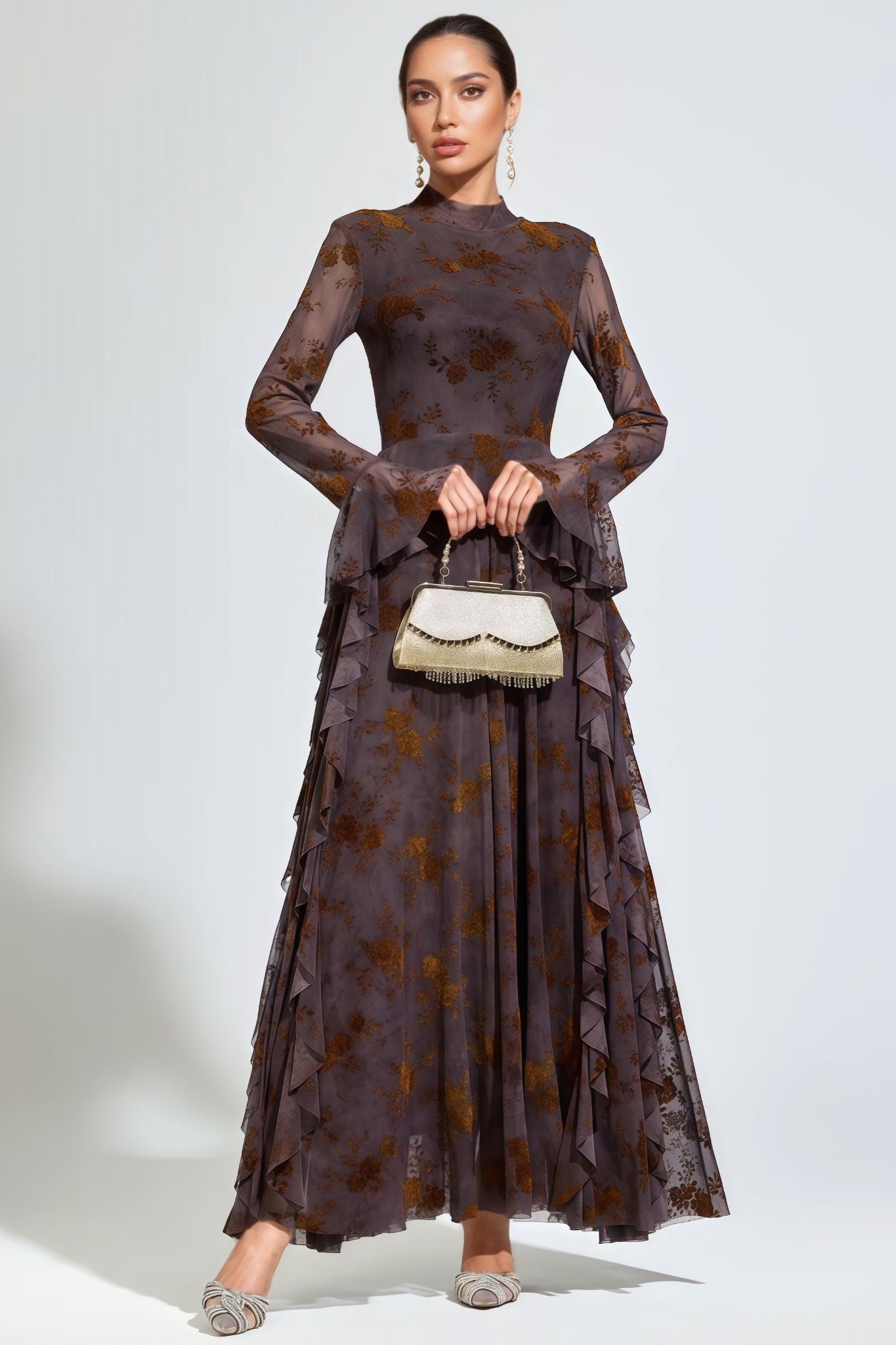 Ryvon Brown Long Sleeve Floral Maxi Dress