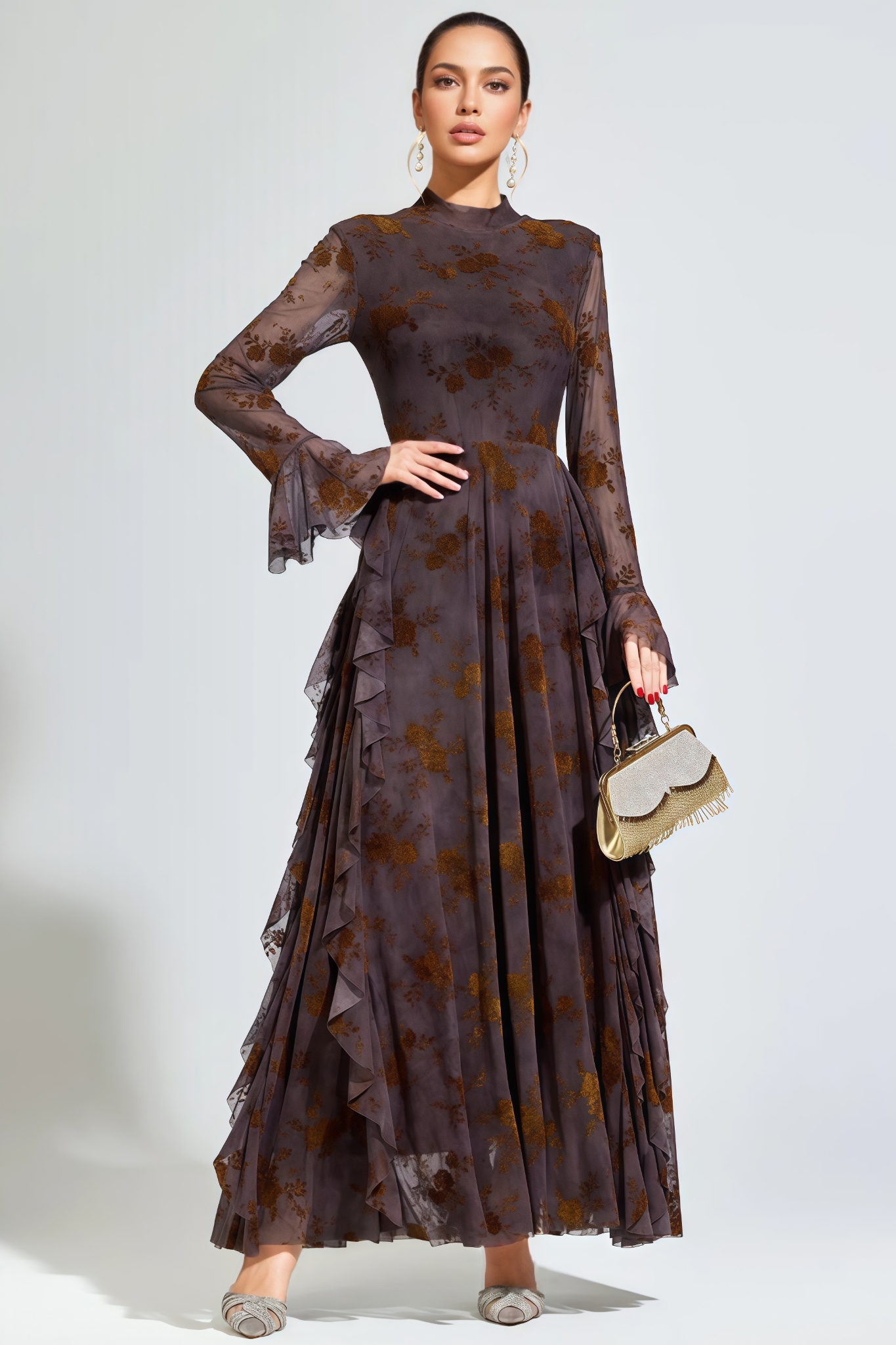 Ryvon Brown Long Sleeve Floral Maxi Dress