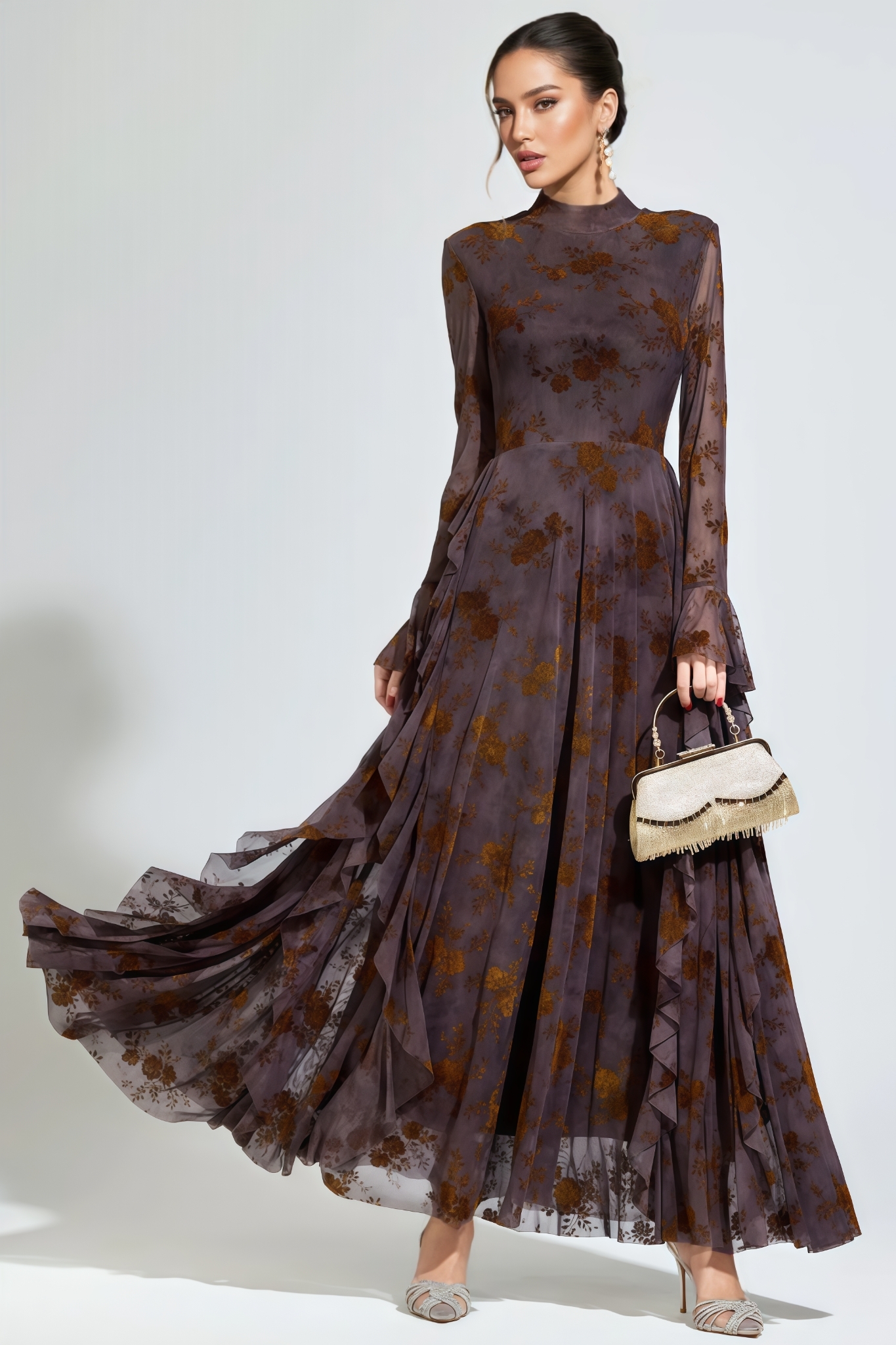 Ryvon Brown Long Sleeve Floral Maxi Dress