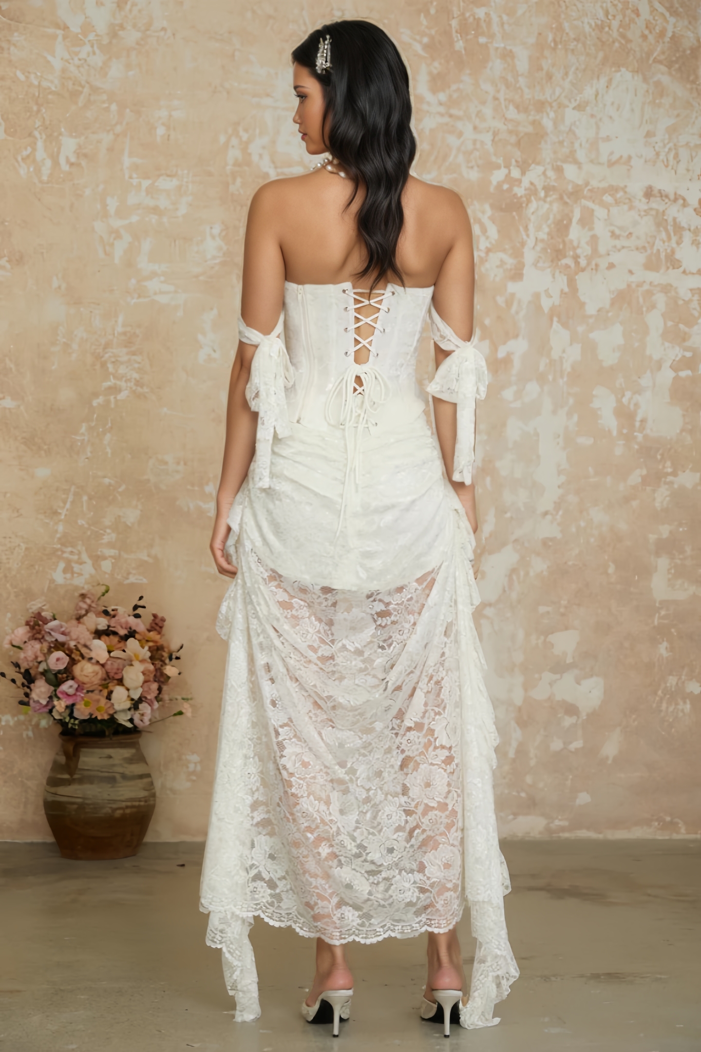 Phaelk White Pearl Floral Lace Top Maxi Dress Set