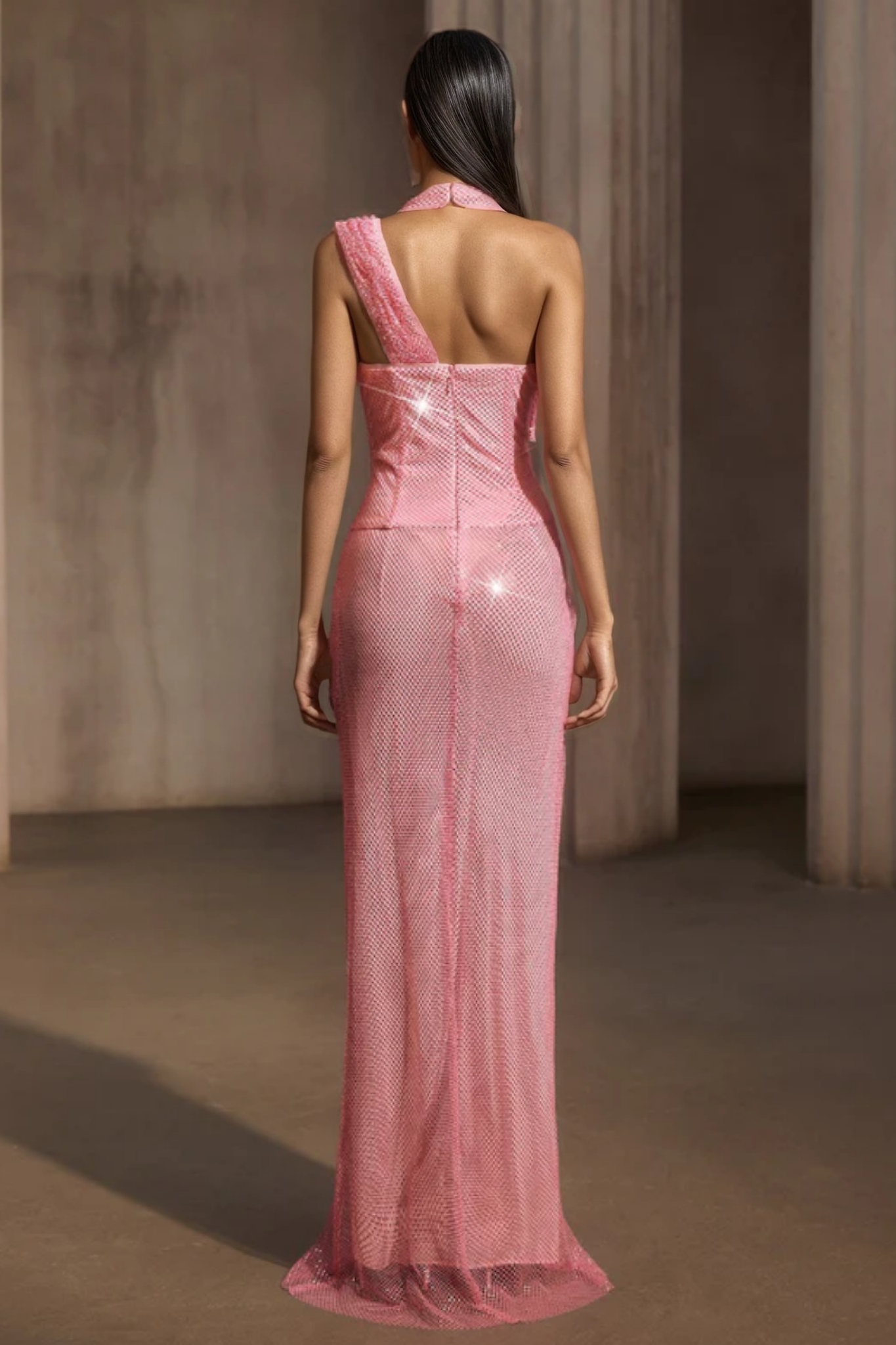 Gabrig Rhinestone Mesh Split Flower Maxi Dress