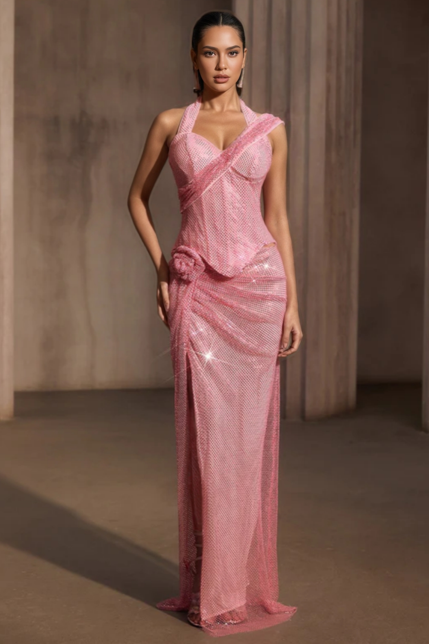 Gabrig Rhinestone Mesh Split Flower Maxi Dress