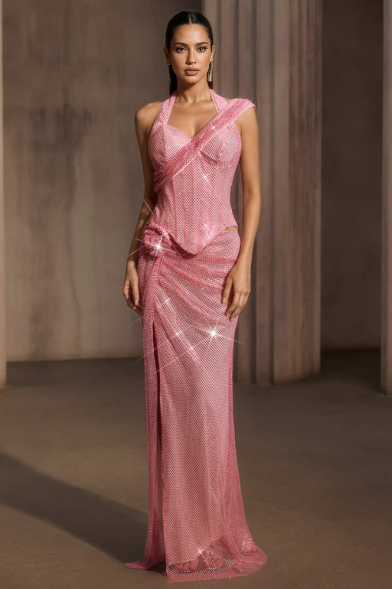 Gabrig Rhinestone Mesh Split Flower Maxi Dress