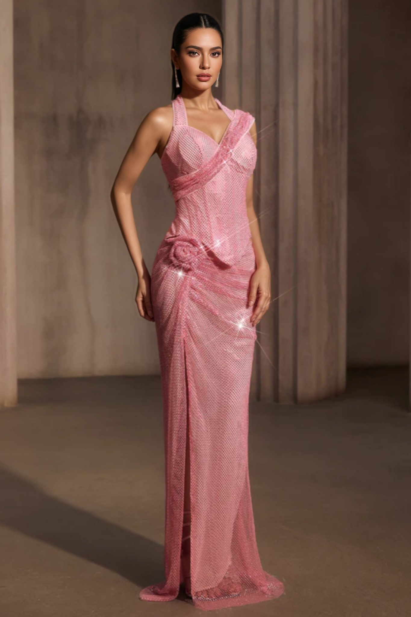 Gabrig Rhinestone Mesh Split Flower Maxi Dress