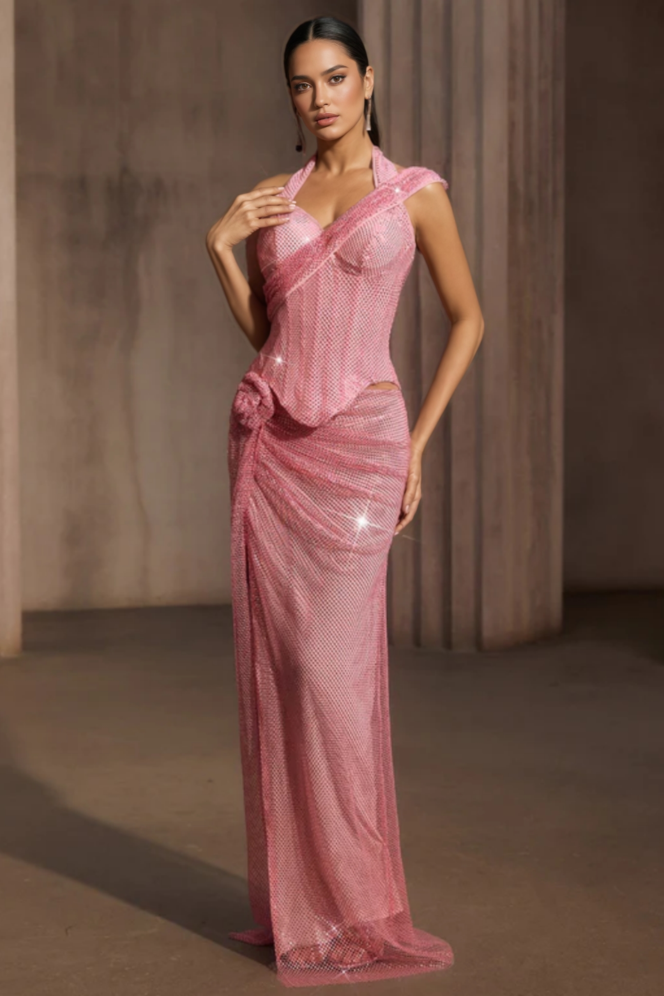 Gabrig Rhinestone Mesh Split Flower Maxi Dress