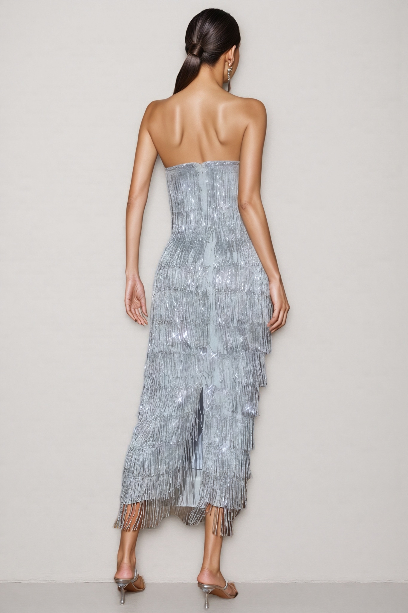 Argelia Strapless Sequin Fringe Midi Dress