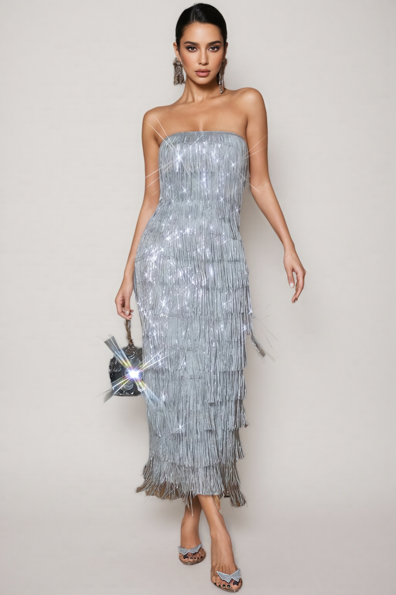 Argelia Strapless Sequin Fringe Midi Dress