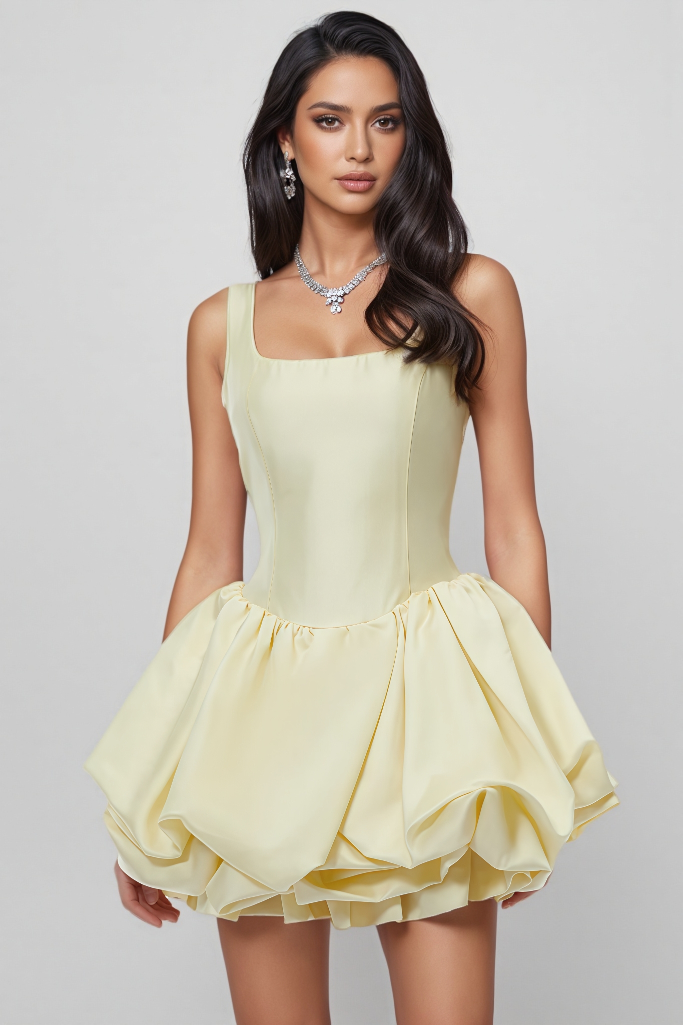 Kabedey Yellow Square Neck Tiered Mini Dress