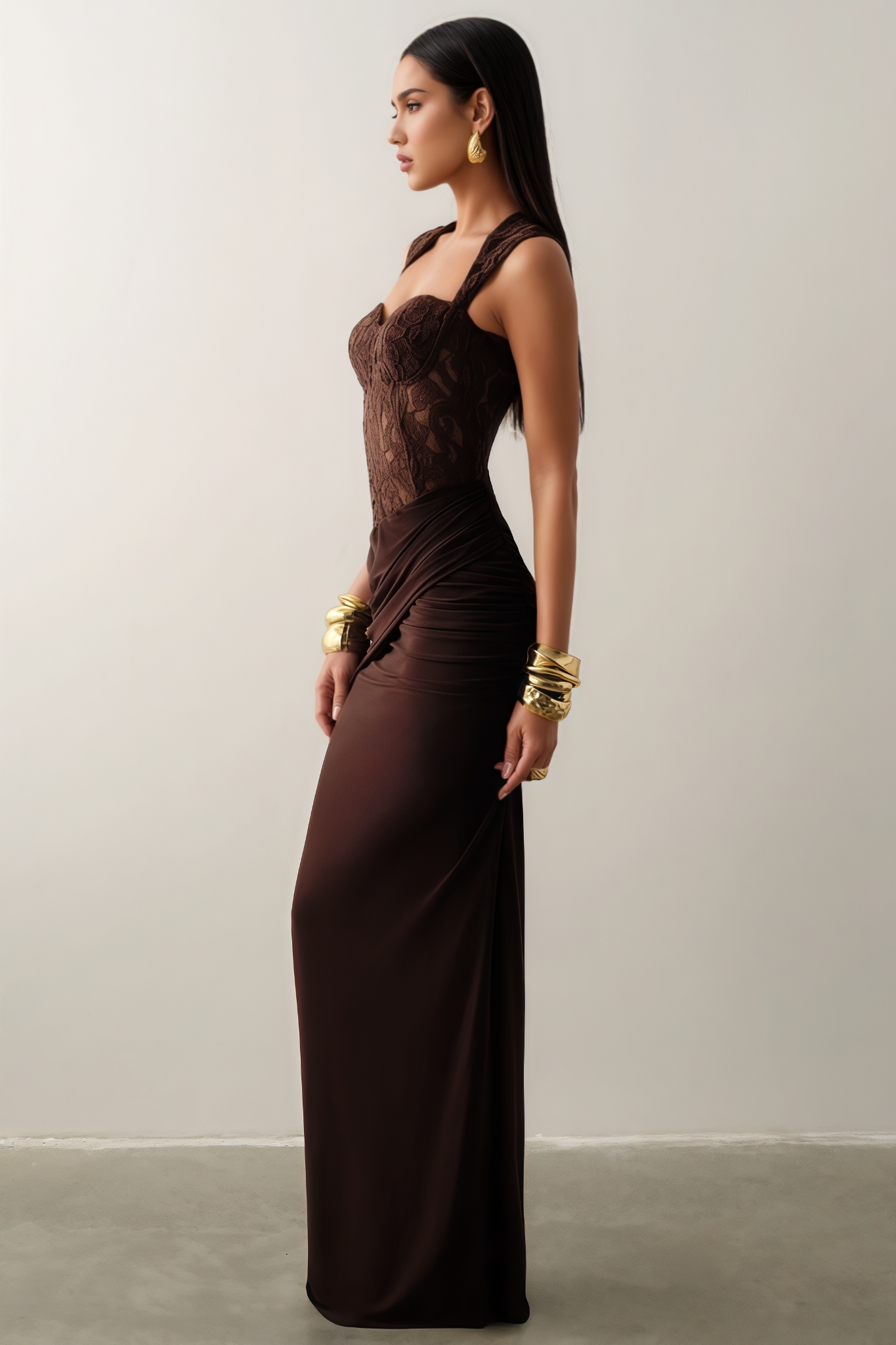 Evalyn Brown Sleeveless Lace Maxi Dress