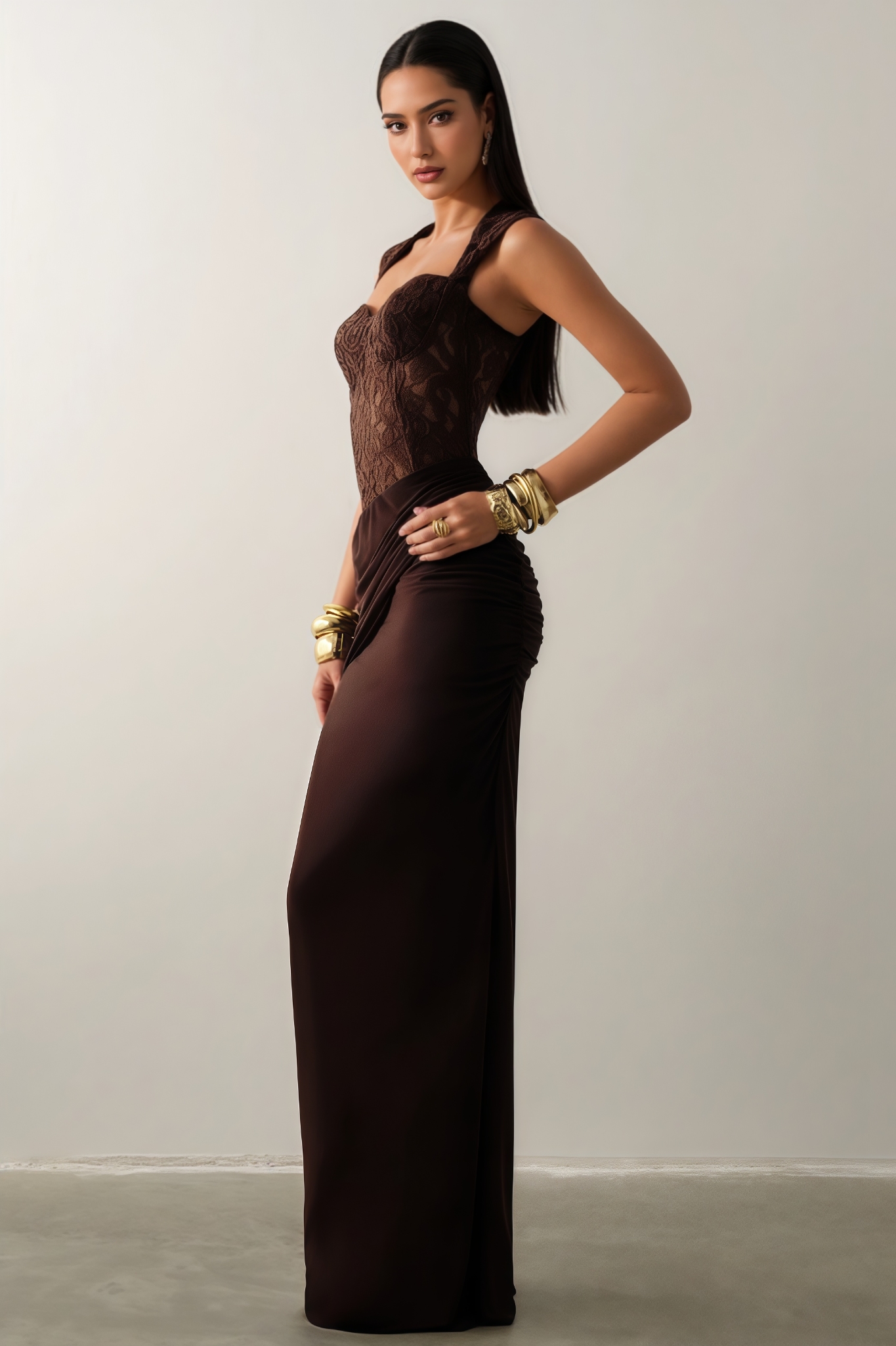 Evalyn Brown Sleeveless Lace Maxi Dress