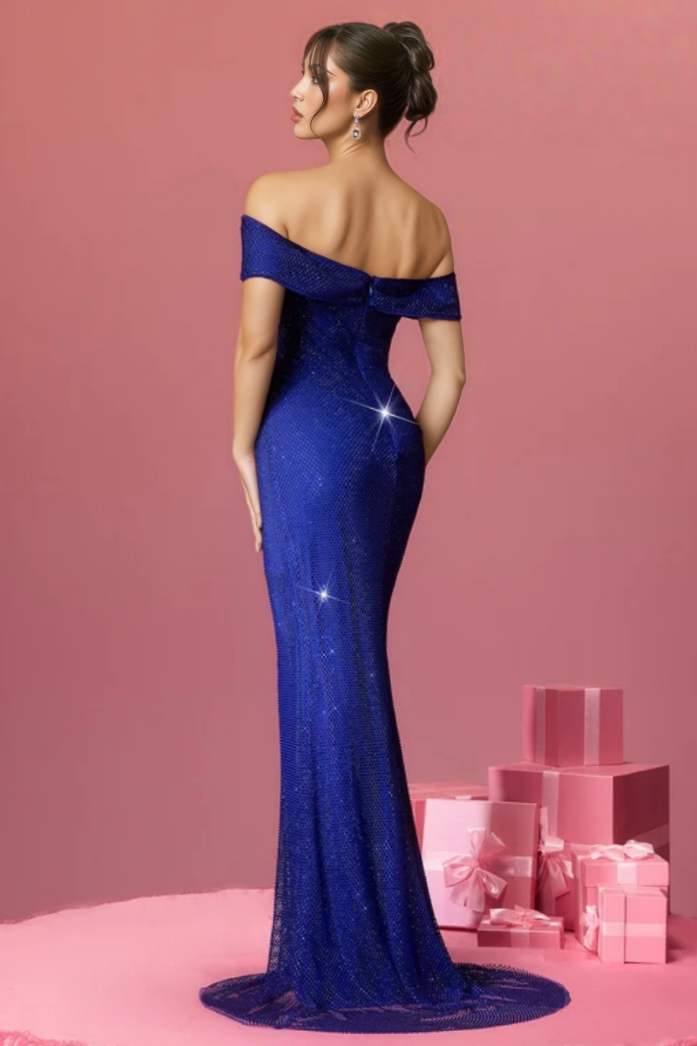 Nglsan Off Shoulder Rhinestone Mesh Maxi Dress