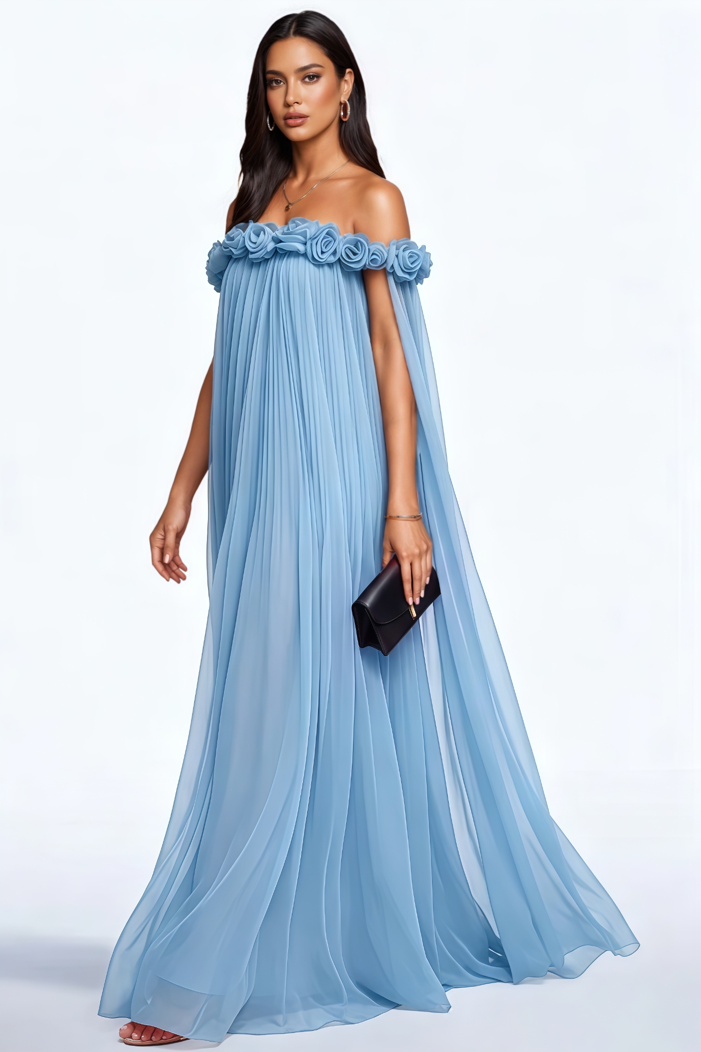 Juyne Blue 3D Flower Pleated Maxi Dress