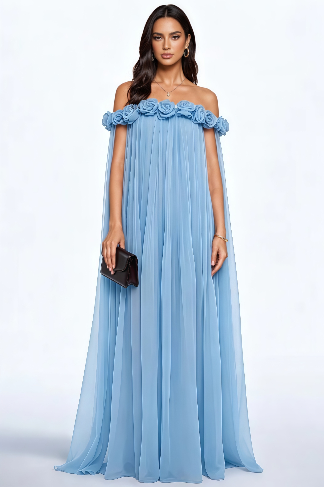 Juyne Blue 3D Flower Pleated Maxi Dress