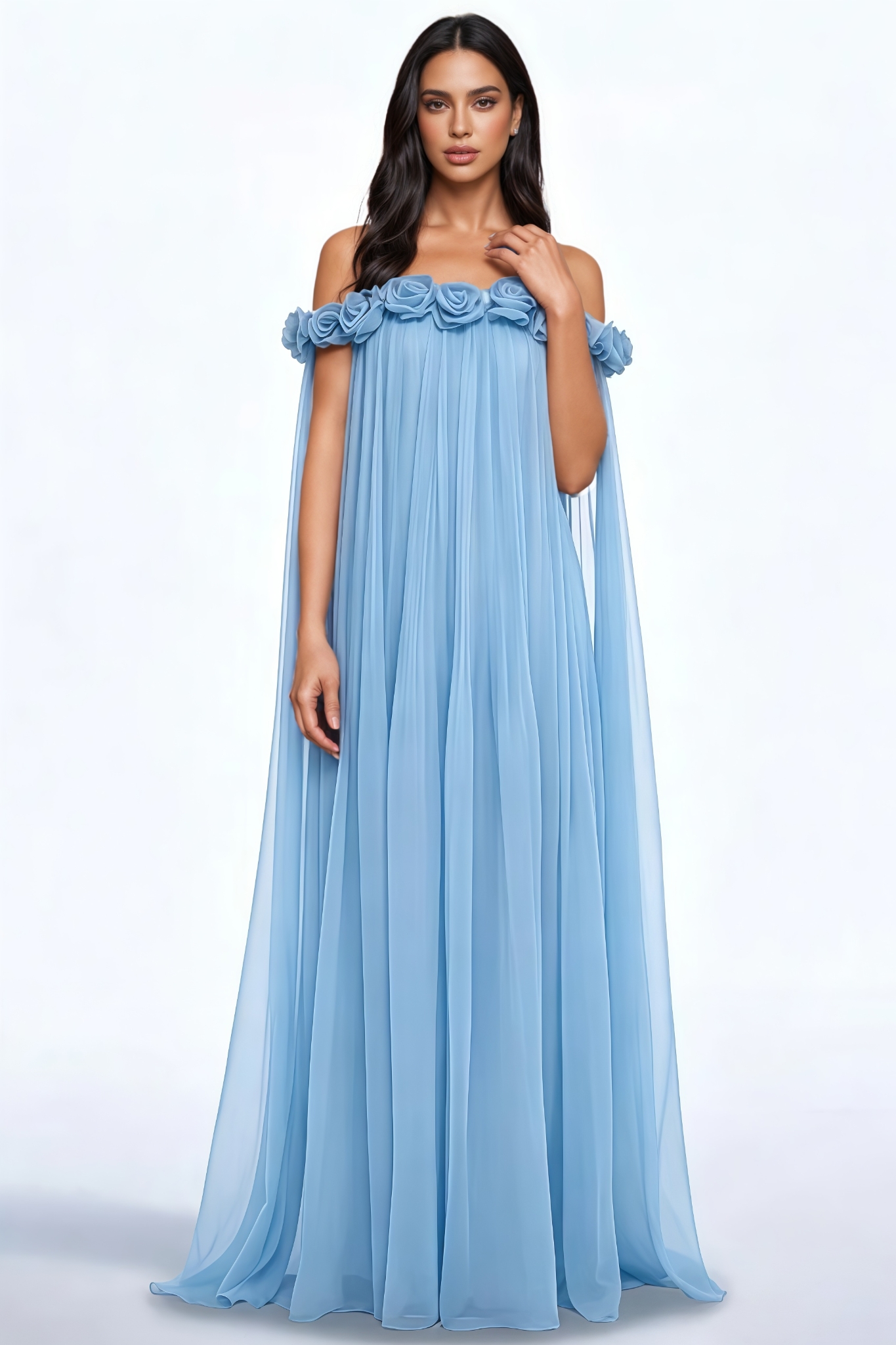 Juyne Blue 3D Flower Pleated Maxi Dress