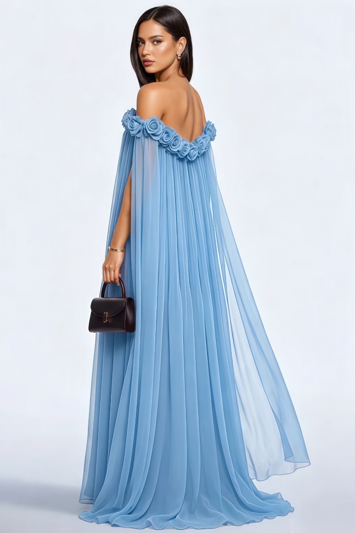 Juyne Blue 3D Flower Pleated Maxi Dress