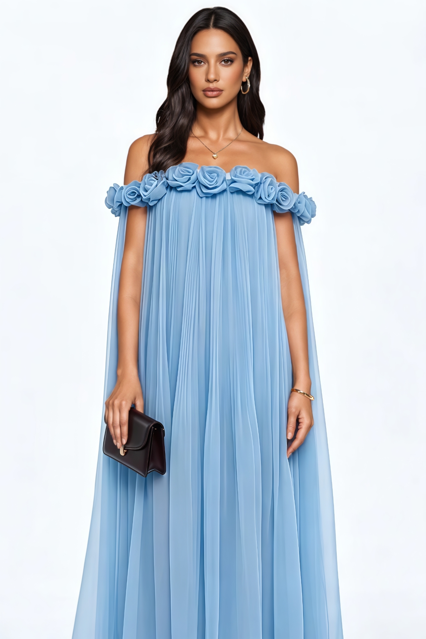 Juyne Blue 3D Flower Pleated Maxi Dress