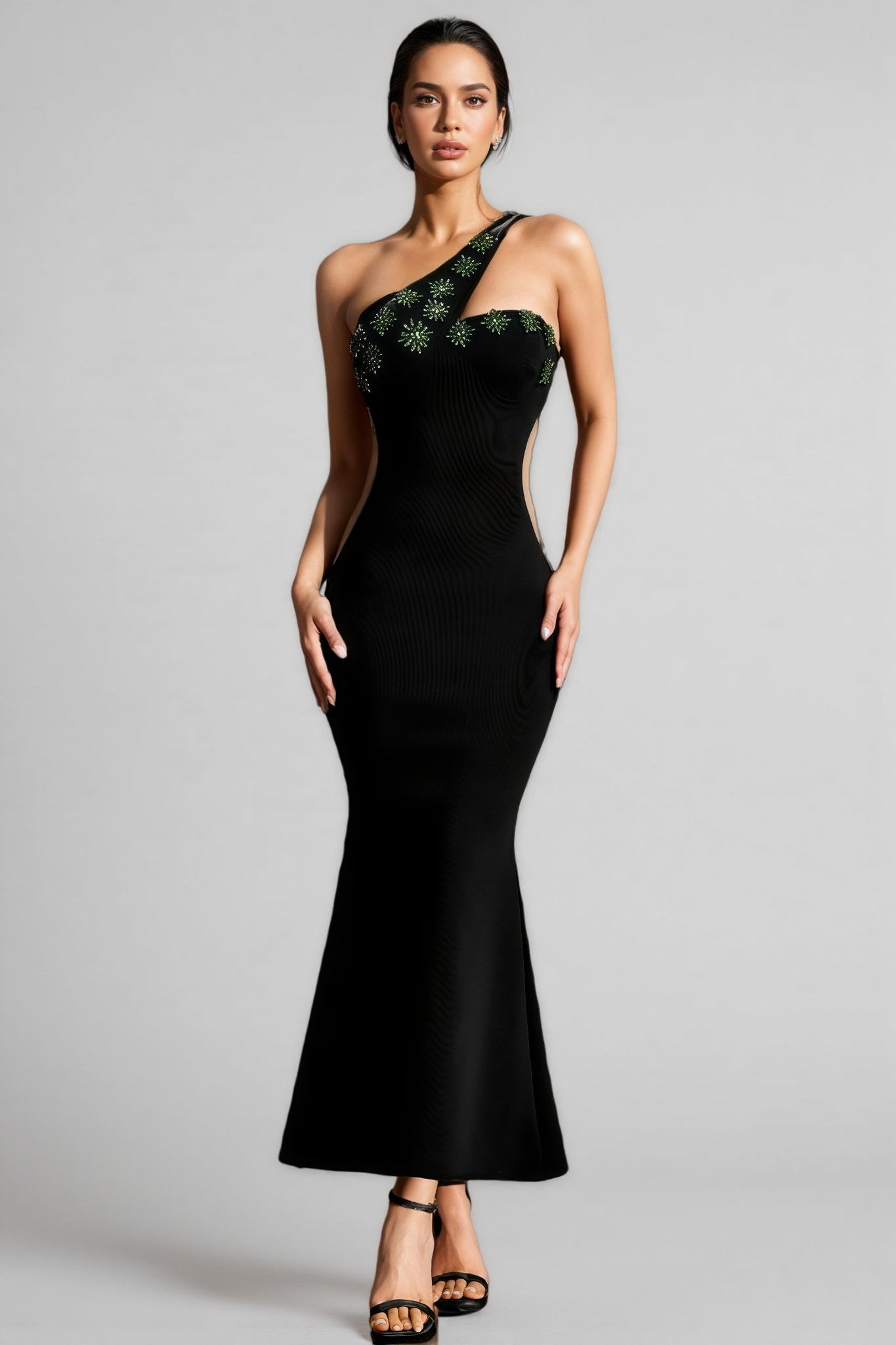 Samira One Shoulder Green Crystal Bandage Maxi Dress