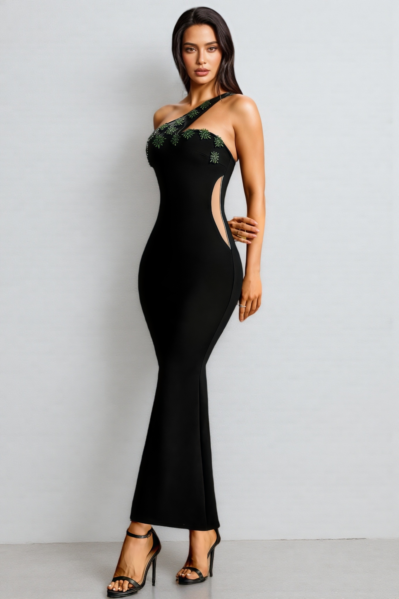 Samira One Shoulder Green Crystal Bandage Maxi Dress